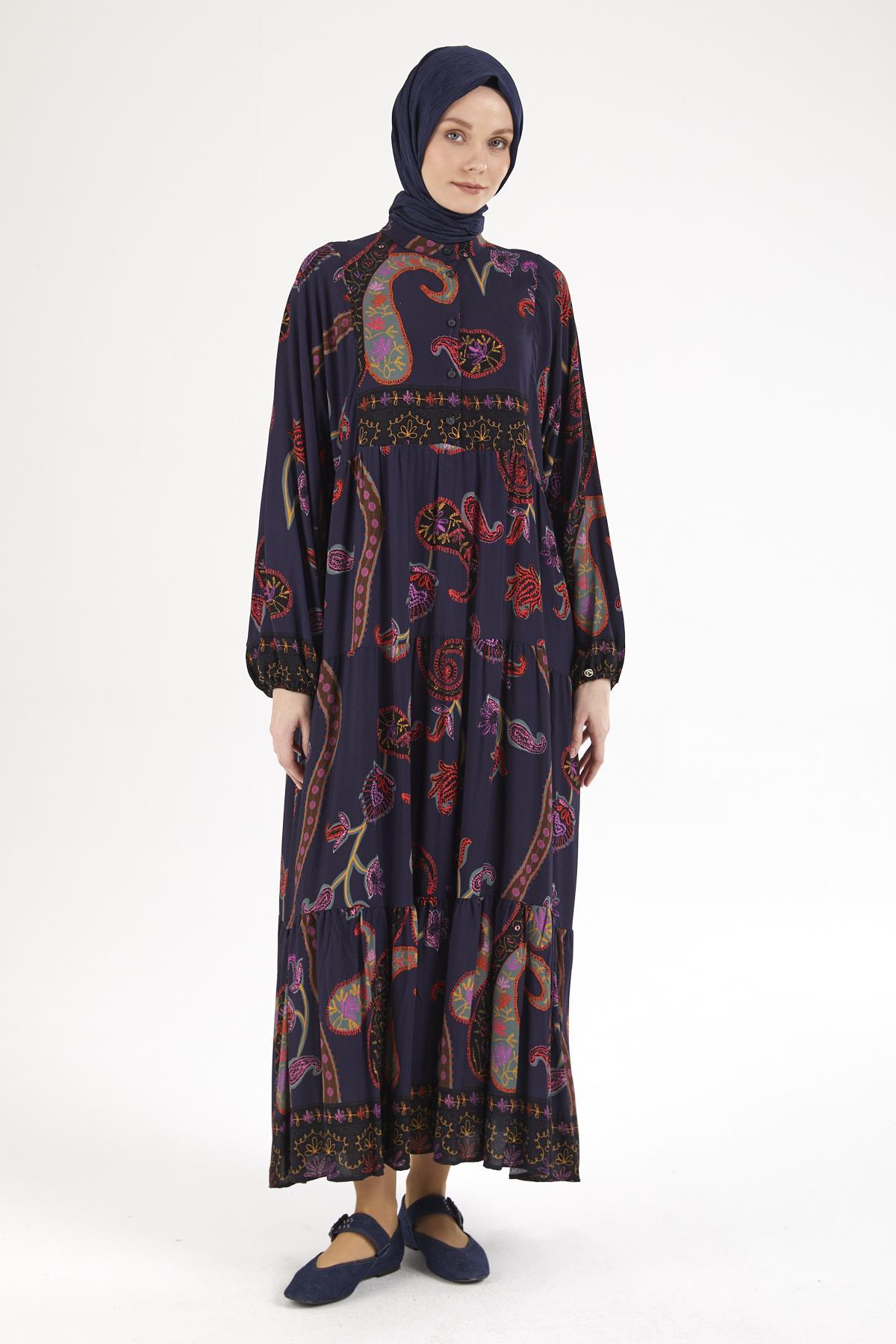 ARMİNE TREND Desenli Elbise-Lacivert 25YT949