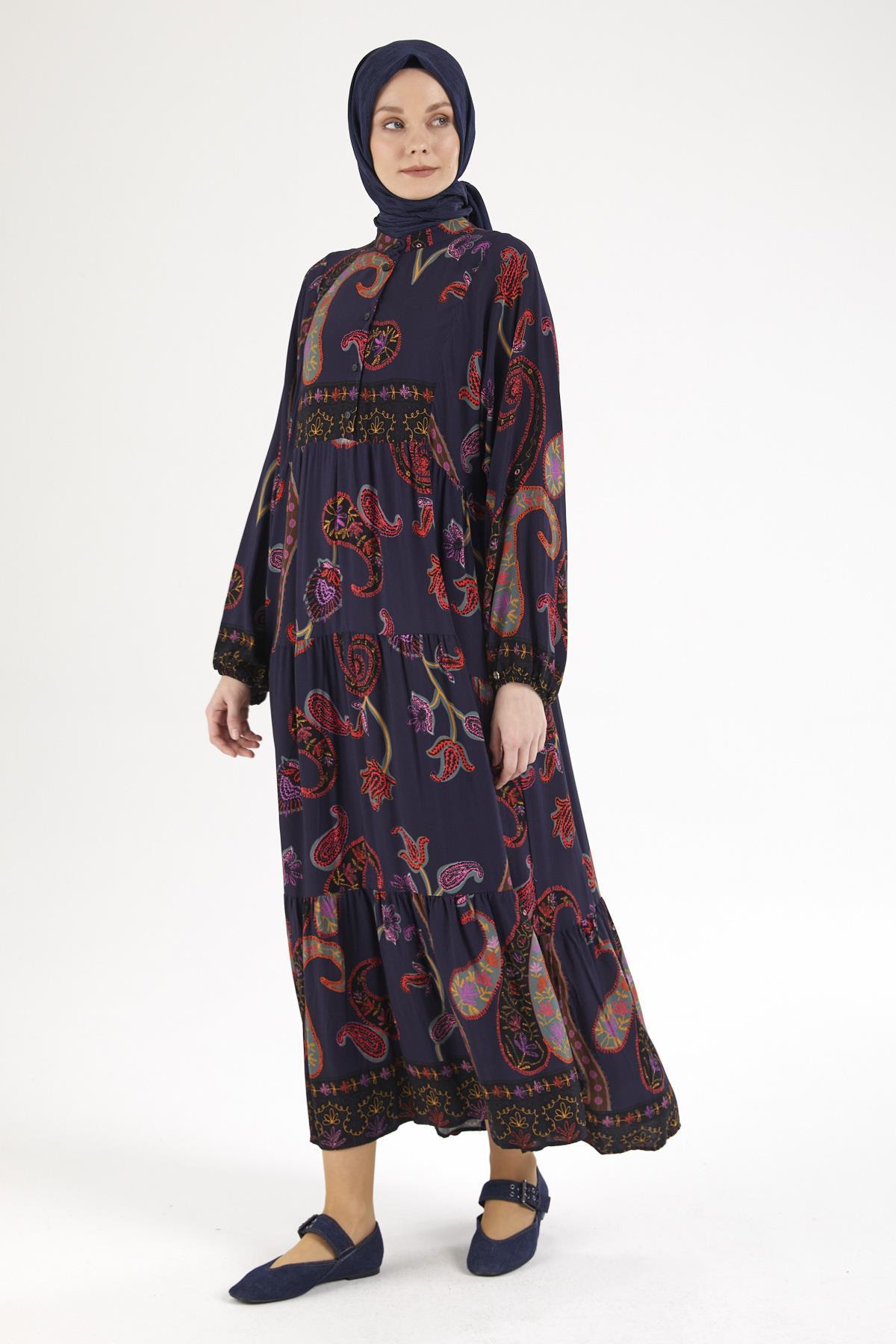 ARMİNE TREND Desenli Elbise-Lacivert 25YT949