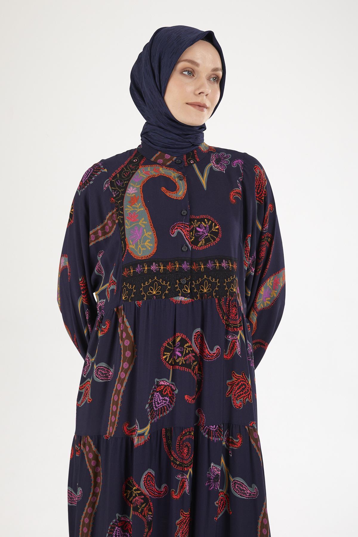 ARMİNE TREND Desenli Elbise-Lacivert 25YT949