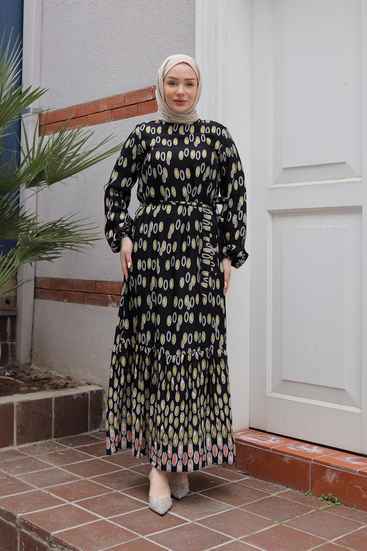 ARMİNE TREND Desenli Elbise-Siyah 25YT928