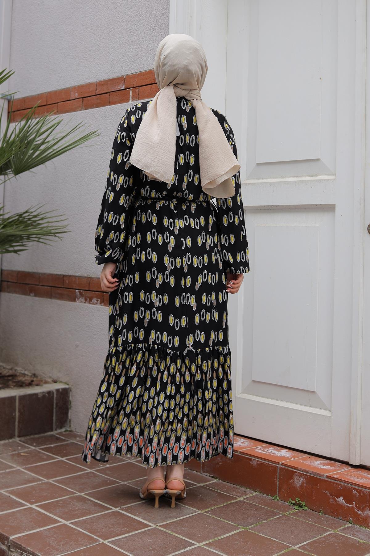 ARMİNE TREND Desenli Elbise-Siyah 25YT928