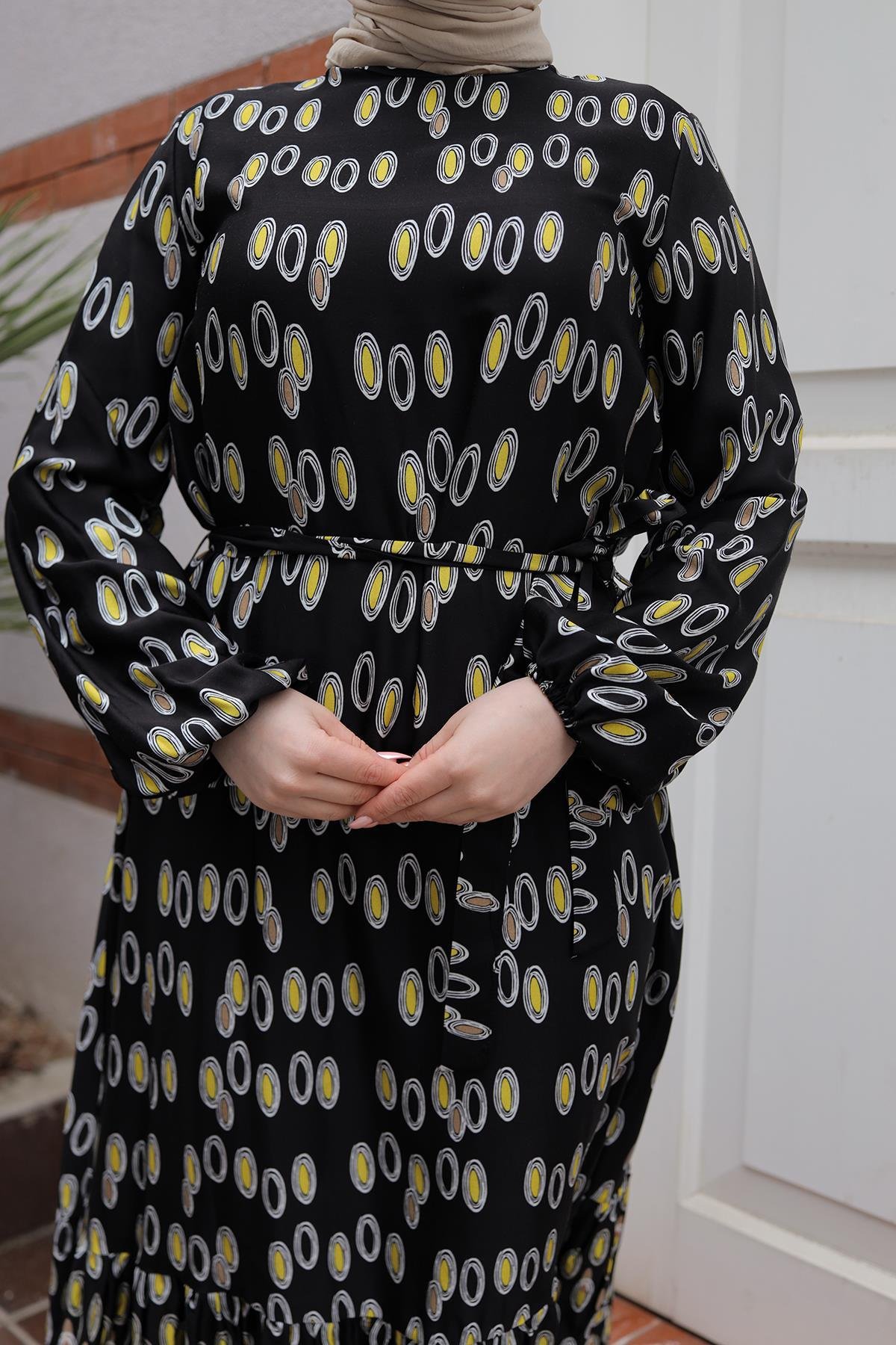 ARMİNE TREND Desenli Elbise-Siyah 25YT928