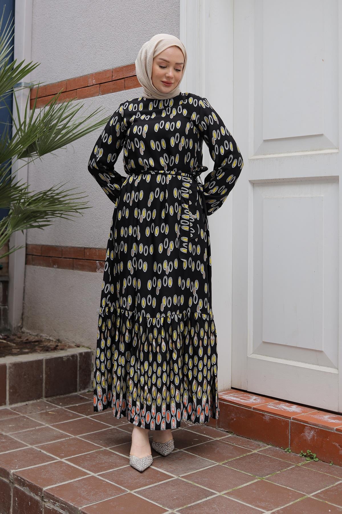 ARMİNE TREND Desenli Elbise-Siyah 25YT928