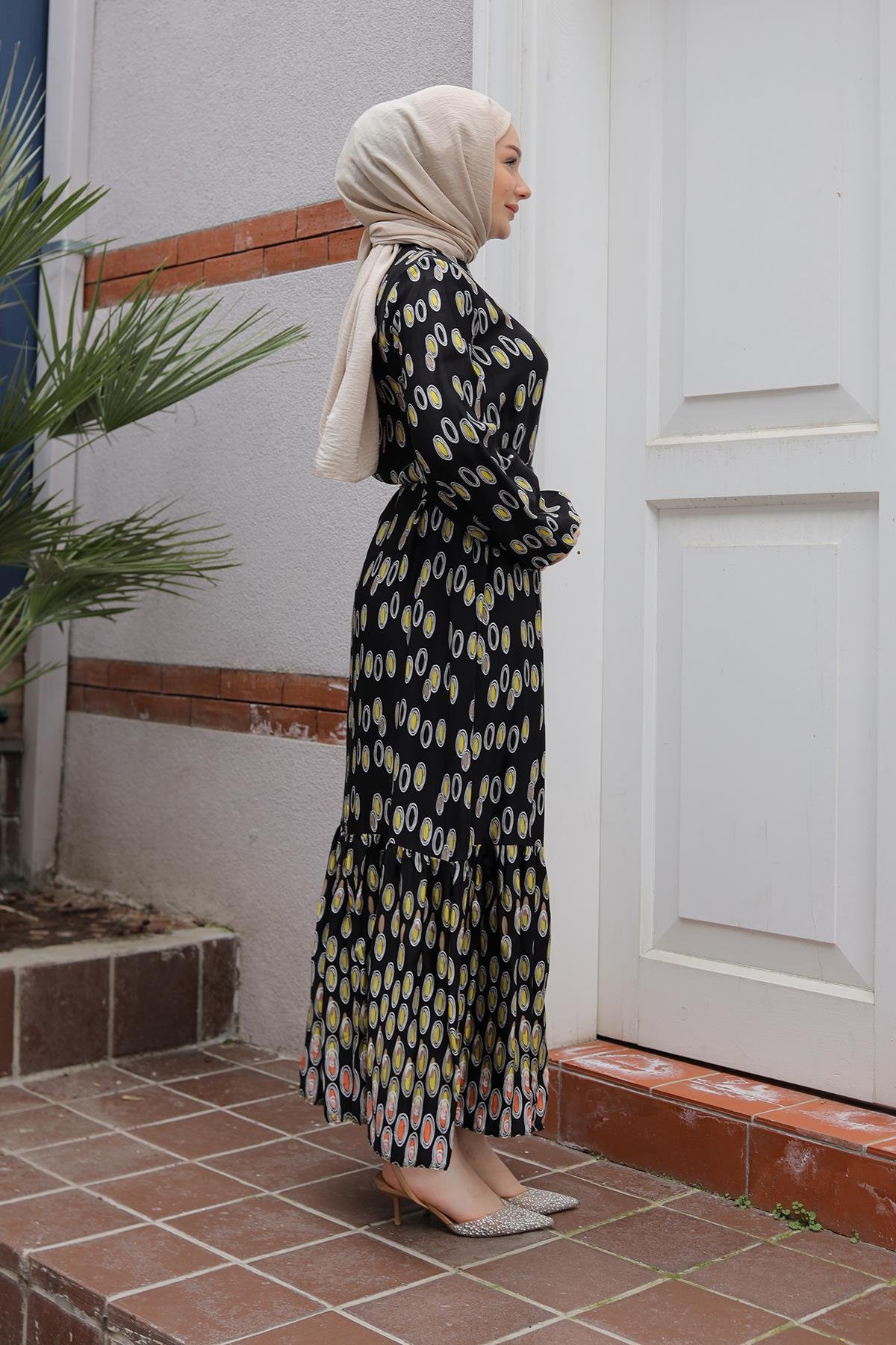 ARMİNE TREND Desenli Elbise-Siyah 25YT928