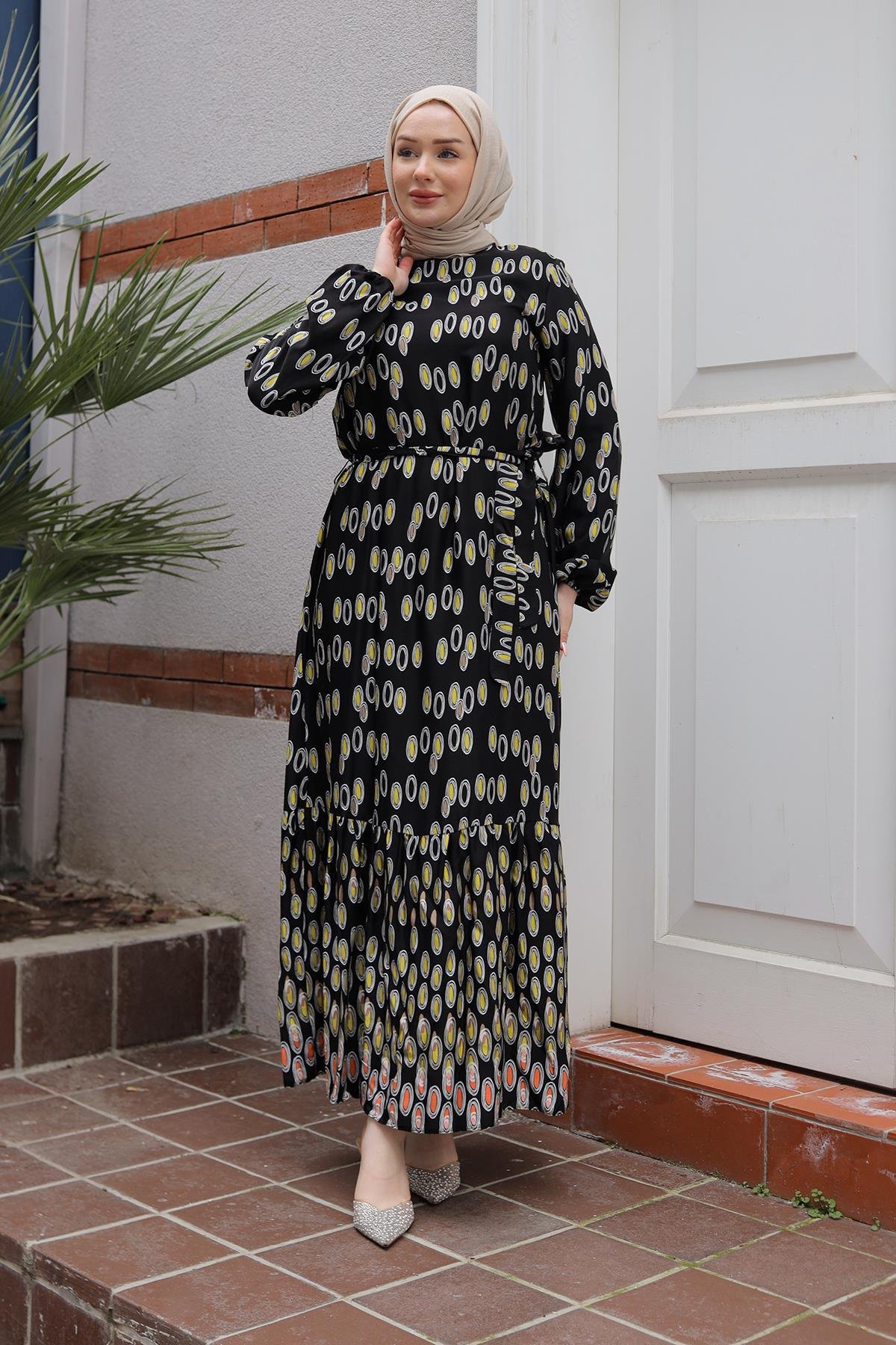 ARMİNE TREND Desenli Elbise-Siyah 25YT928