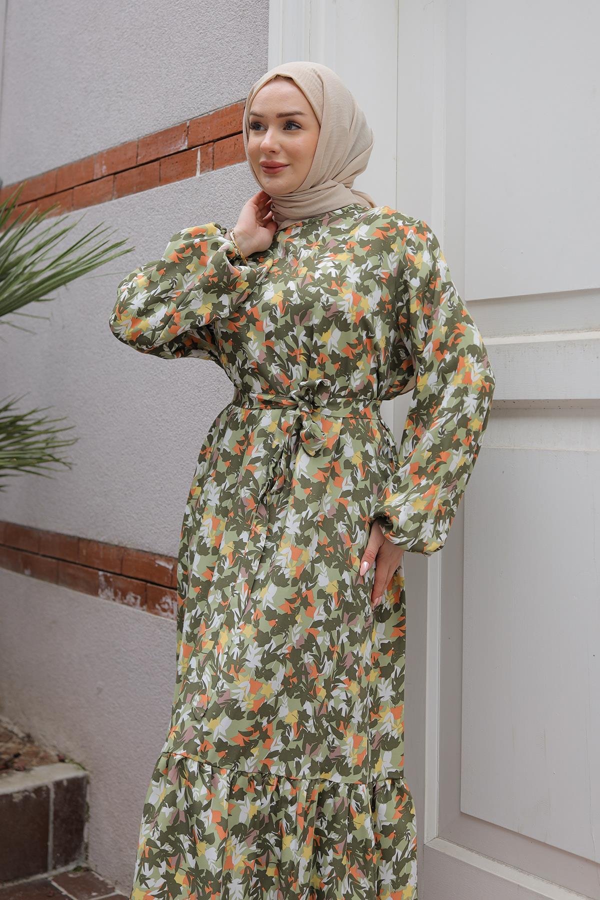 ARMİNE TREND Desenli Elbise-Yeşil 25YT928