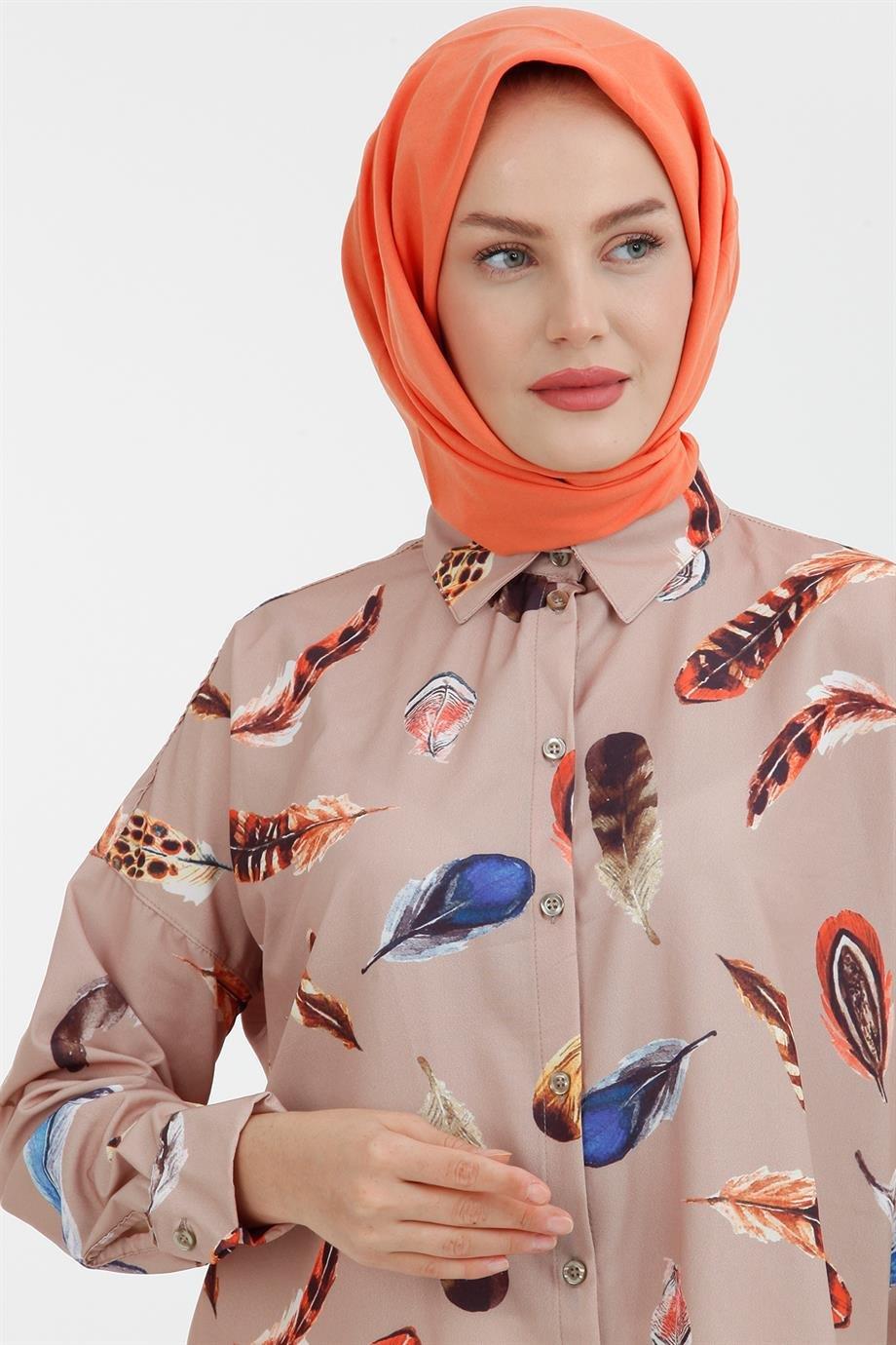 ARMİNE TREND Desenli Gömlek-Vizon 22KTD396