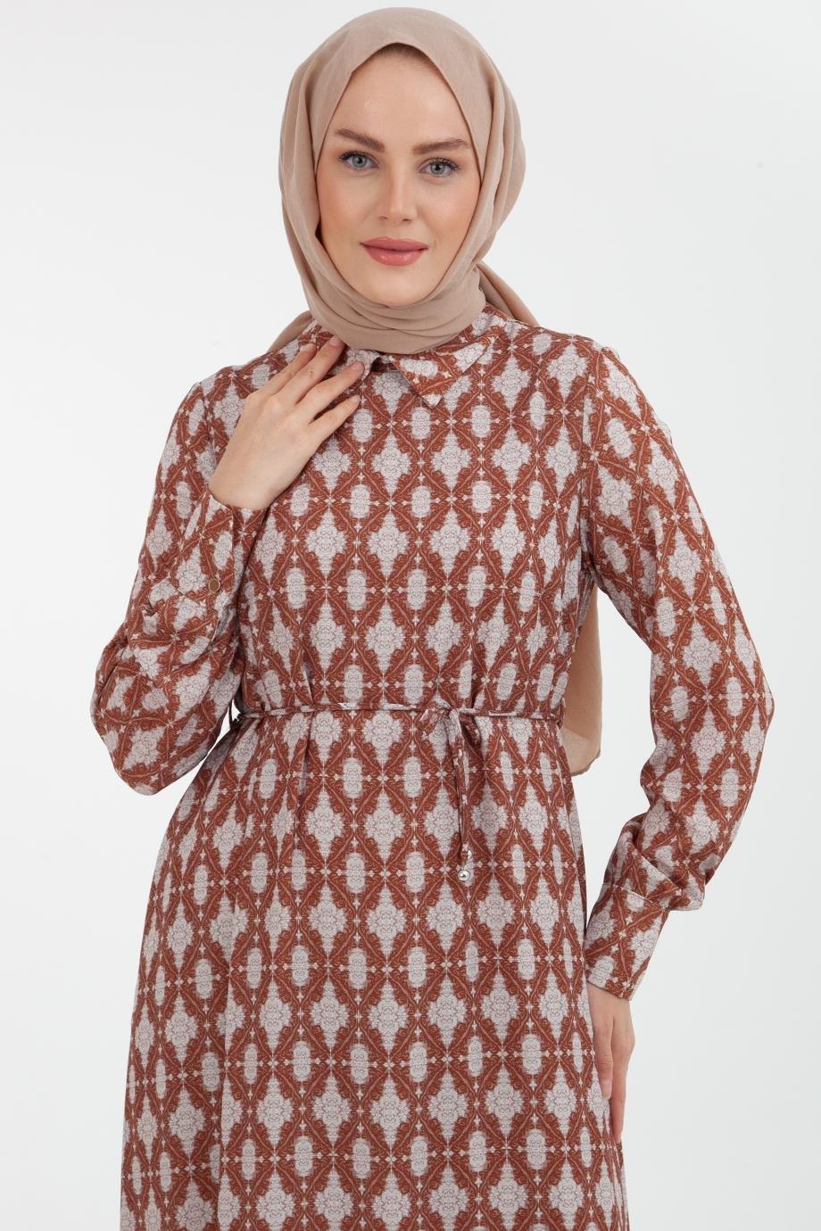 ARMİNE TREND Desenli Uzun Elbise-Bej 22YT945