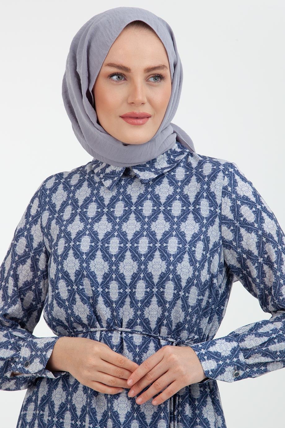 ARMİNE TREND Desenli Uzun Elbise-İndigo 22YT945
