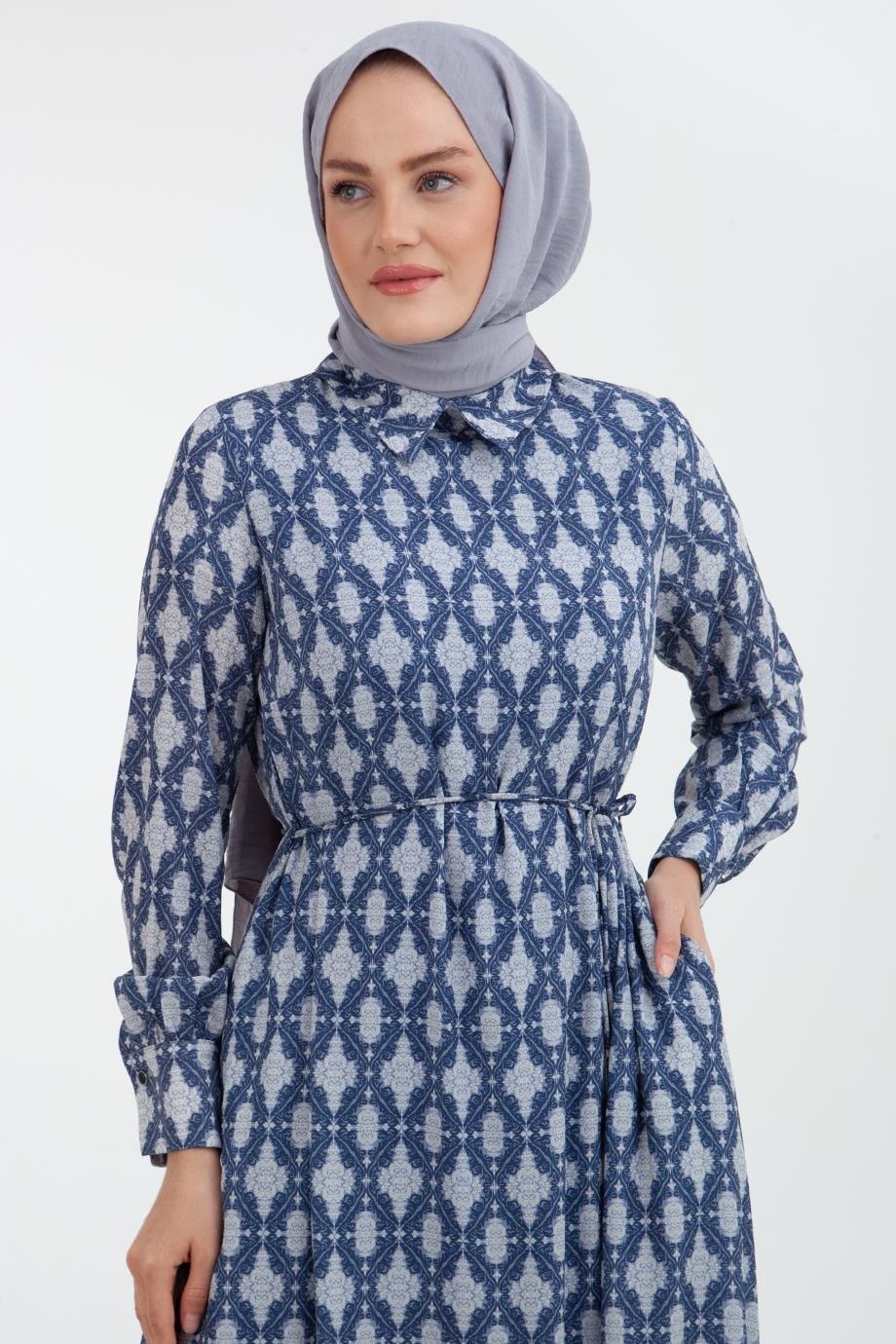 ARMİNE TREND Desenli Uzun Elbise-İndigo 22YT945