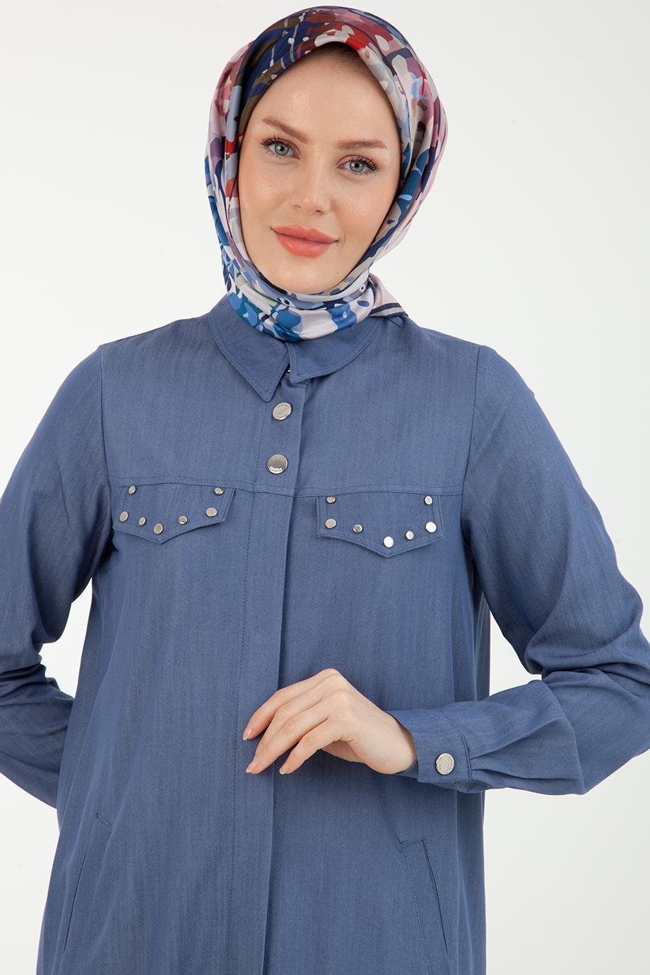 ARMİNE TREND Düğmeli Gömlek Yakalı Elbise Tunik-İndigo 22YT452