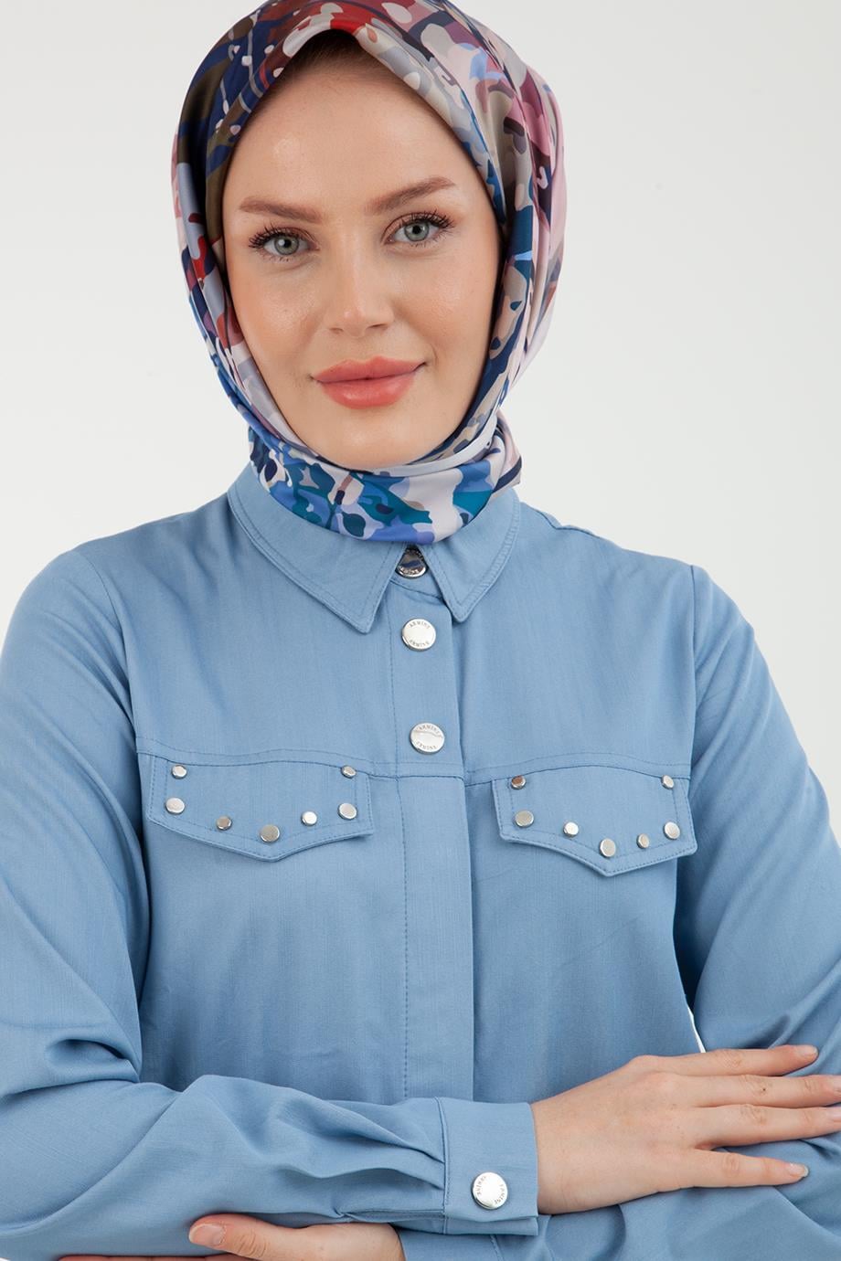 ARMİNE TREND Düğmeli Gömlek Yakalı Elbise Tunik-Buz Mavisi 22YT452