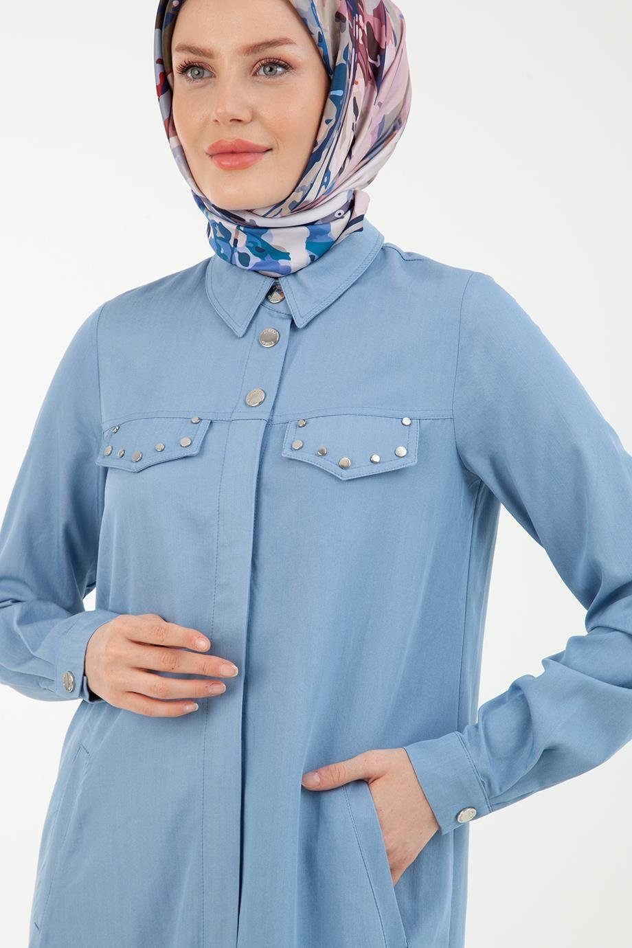ARMİNE TREND Düğmeli Gömlek Yakalı Elbise Tunik-Buz Mavisi 22YT452