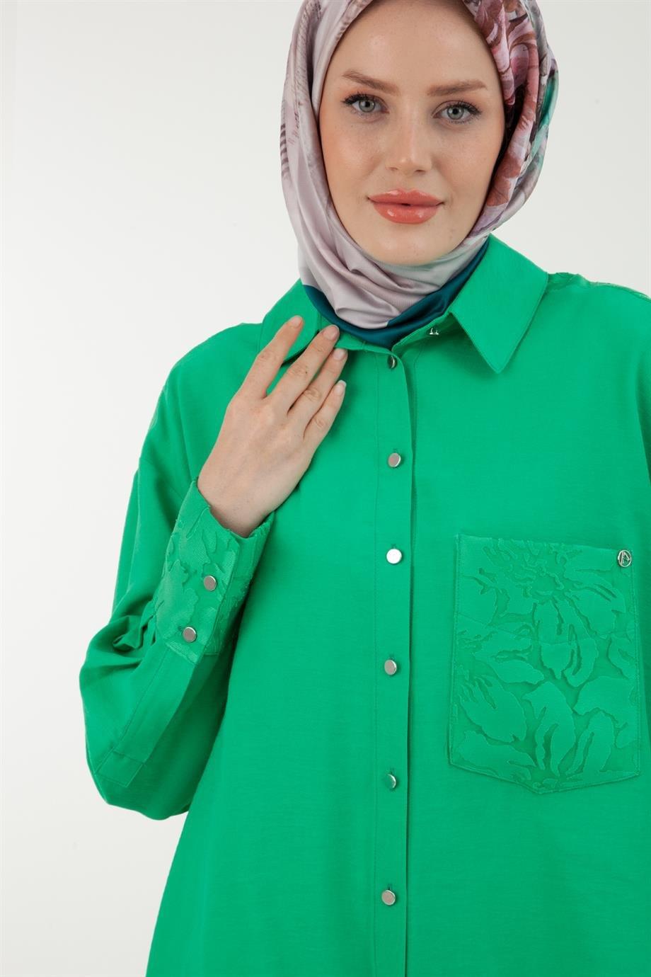 ARMİNE TREND Düğmeli Gömlek Yakalı Tunik-Yeşil 23YT426
