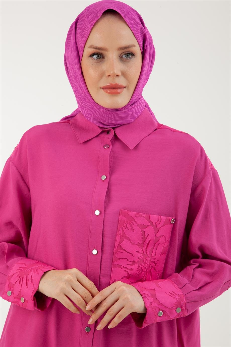ARMİNE TREND Düğmeli Gömlek Yakalı Tunik-Fuşya 23YT426