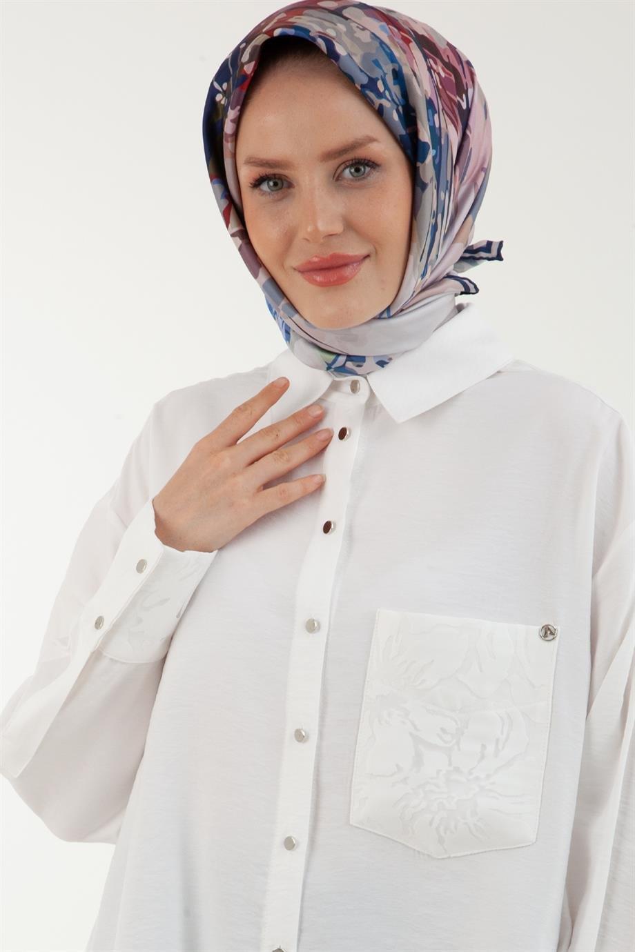 ARMİNE TREND Düğmeli Gömlek Yakalı Tunik-Beyaz 23YT426