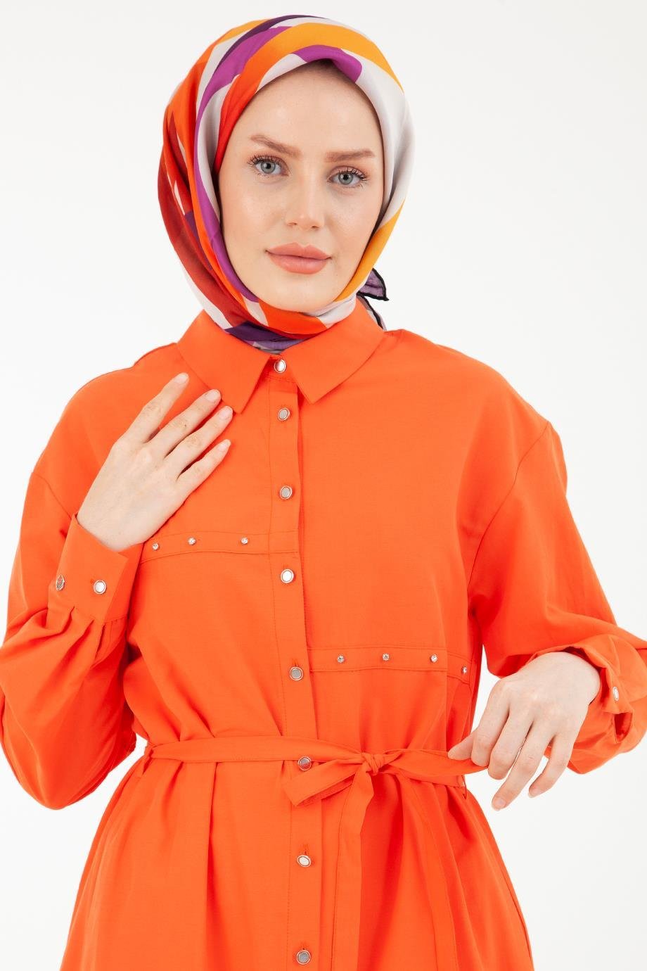ARMİNE TREND Düğmeli Kolları Manşetli Belden Bağlamalı Tunik-Oranj 23YT445