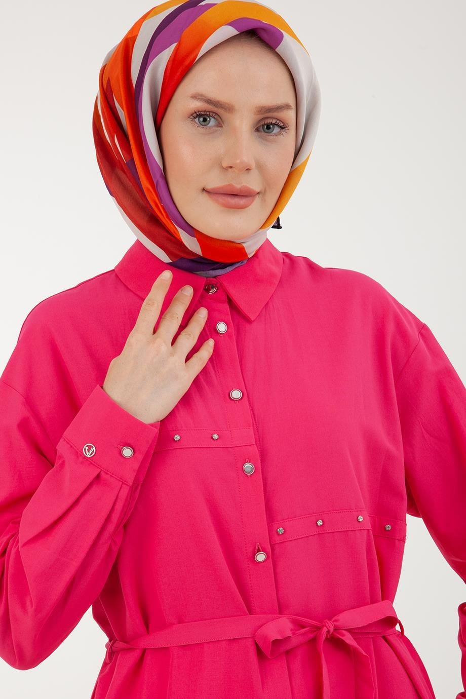 ARMİNE TREND Düğmeli Kolları Manşetli Belden Bağlamalı Tunik-Fuşya3 23YT445