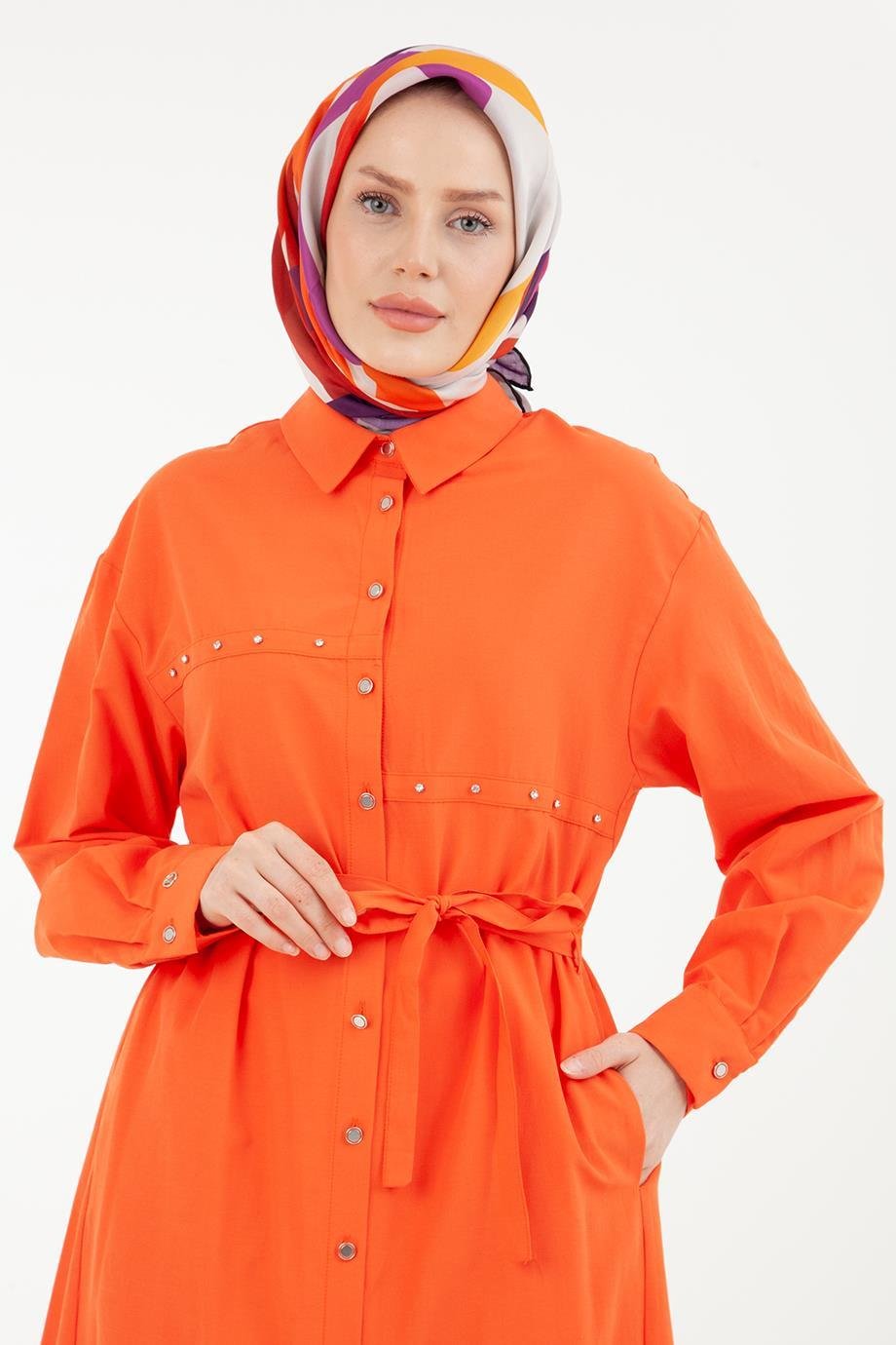 ARMİNE TREND Düğmeli Kolları Manşetli Belden Bağlamalı Tunik-Oranj 23YT445