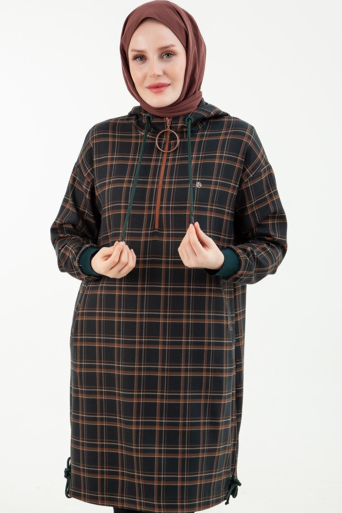 ARMİNE TREND Ekose Desenli Önden Fermuarlı Kapüşonlu Tunik-Yeşil 23KT443