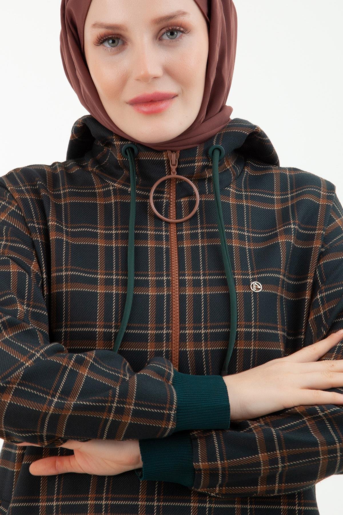 ARMİNE TREND Ekose Desenli Önden Fermuarlı Kapüşonlu Tunik-Yeşil 23KT443