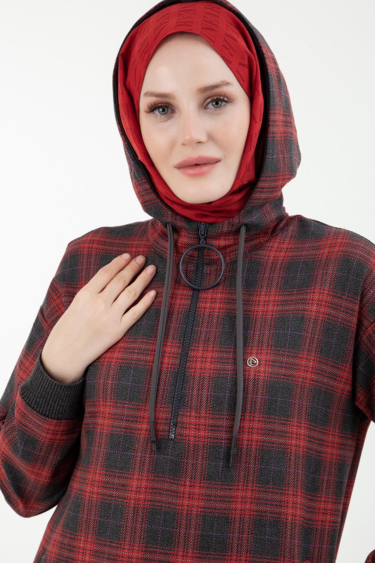 ARMİNE TREND Ekose Desenli Önden Fermuarlı Kapüşonlu Tunik-Kırmızı 23KT443