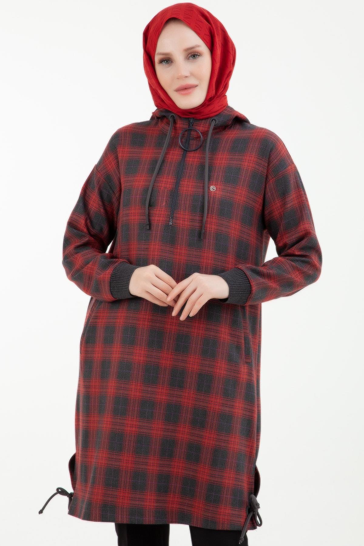 ARMİNE TREND Ekose Desenli Önden Fermuarlı Kapüşonlu Tunik-Kırmızı 23KT443