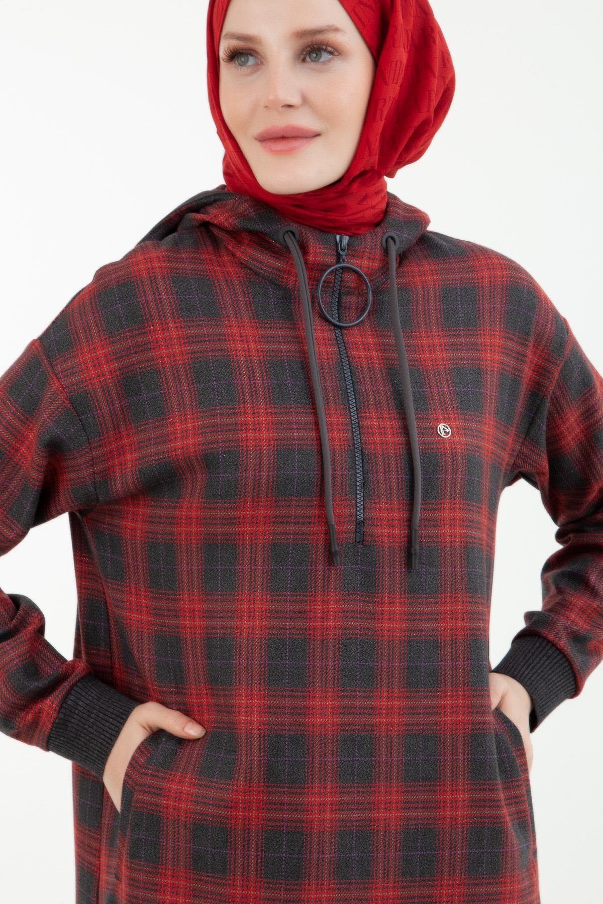 ARMİNE TREND Ekose Desenli Önden Fermuarlı Kapüşonlu Tunik-Kırmızı 23KT443