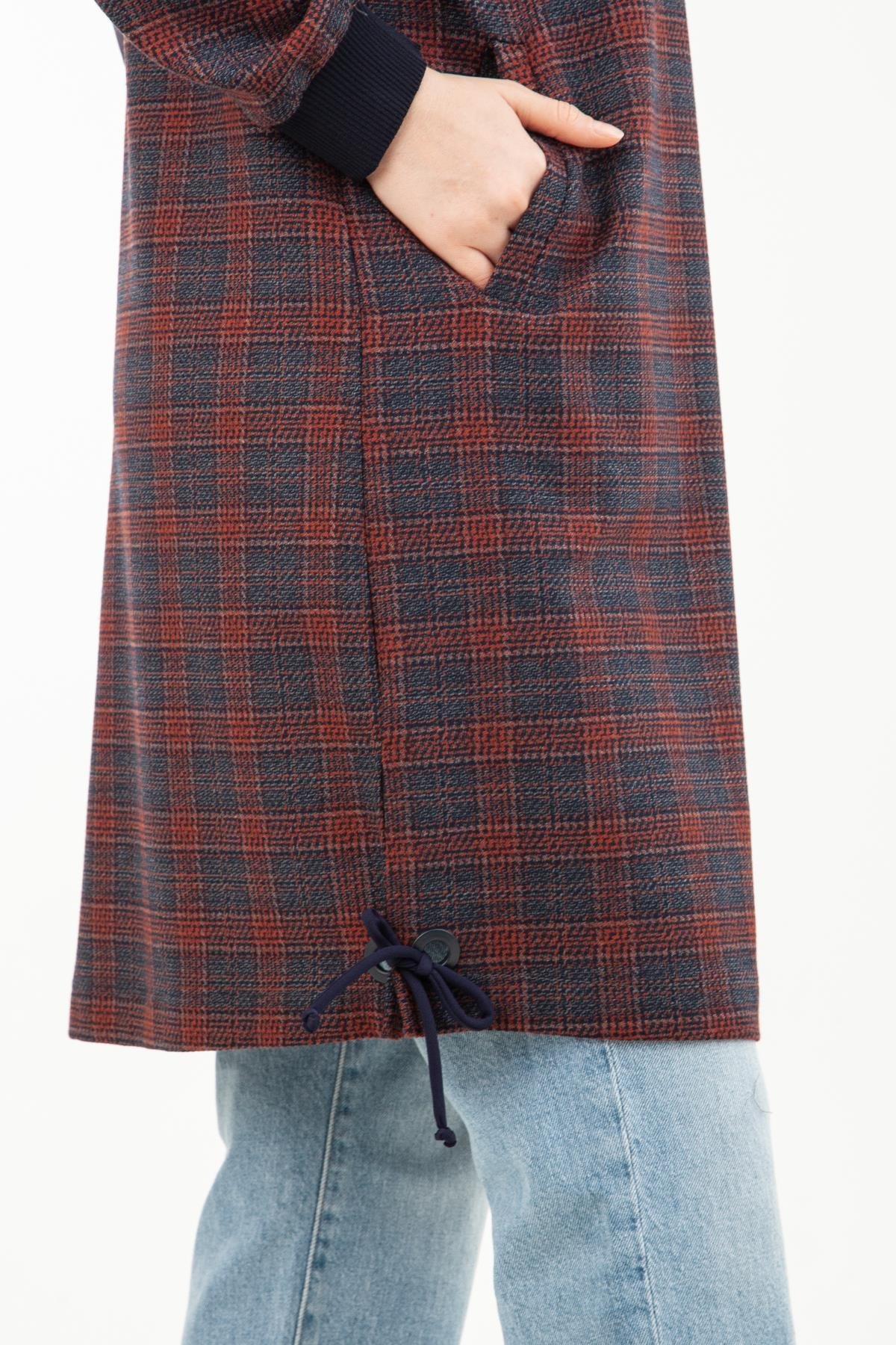ARMİNE TREND Ekose Desenli Önden Fermuarlı Kapüşonlu Tunik-Bordo 23KT443