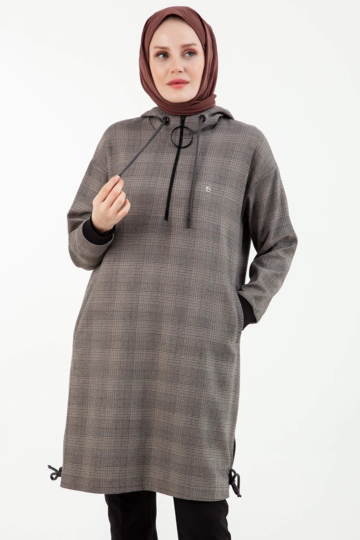 ARMİNE TREND Ekose Desenli Önden Fermuarlı Kapüşonlu Tunik-Vizon 23KT443