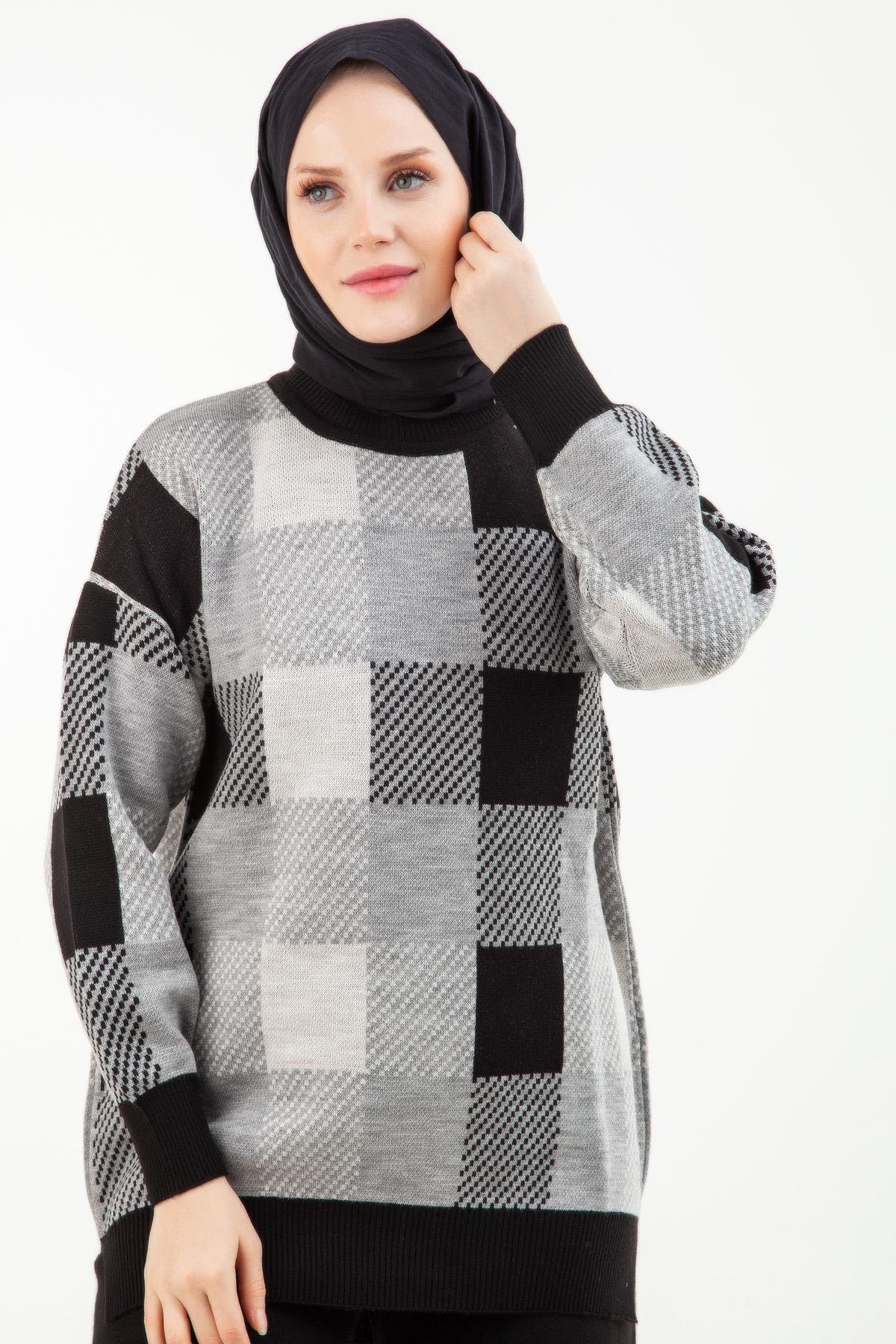 ARMİNE TREND Ekose Desenli Tunik ve Pantolonlu Triko Takım-Siyah 22KD4238