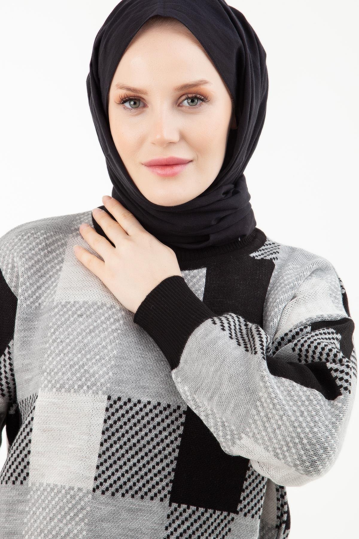 ARMİNE TREND Ekose Desenli Tunik ve Pantolonlu Triko Takım-Siyah 22KD4238