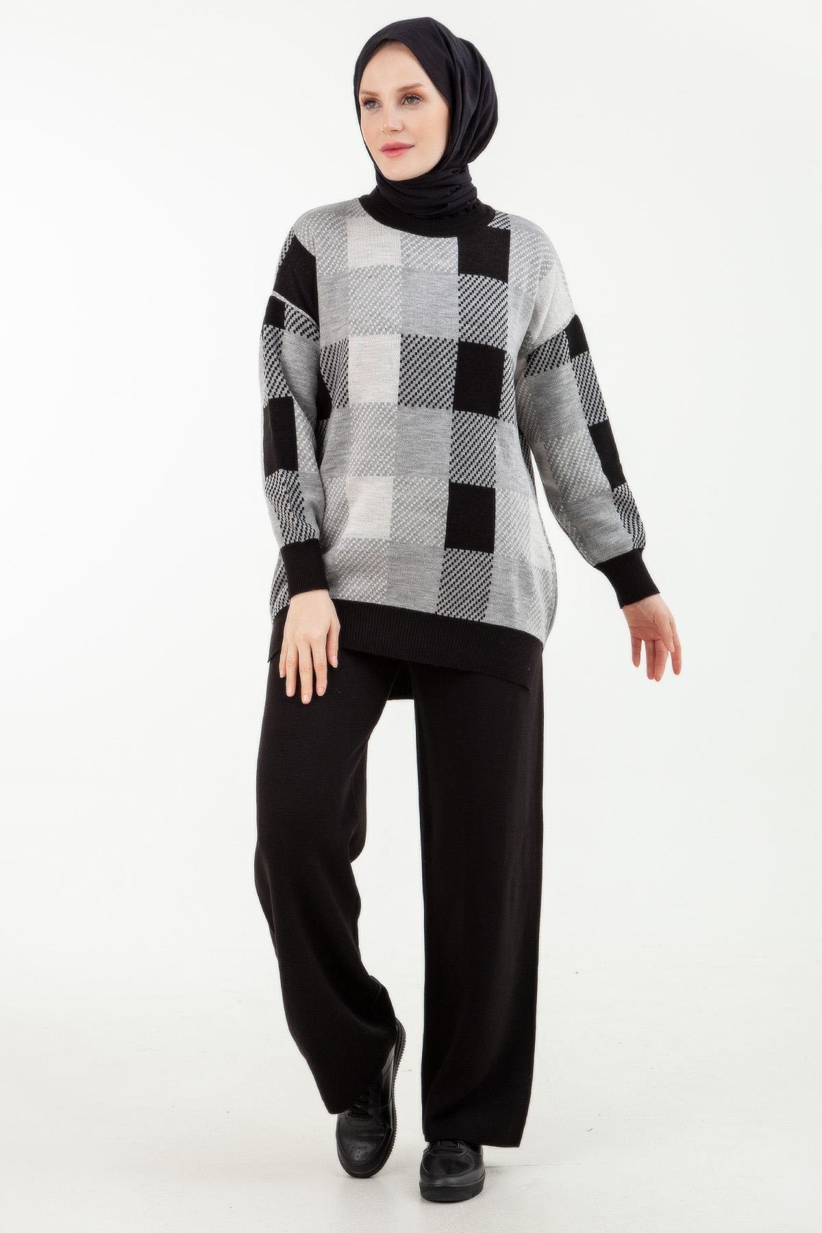 ARMİNE TREND Ekose Desenli Tunik ve Pantolonlu Triko Takım-Siyah 22KD4238