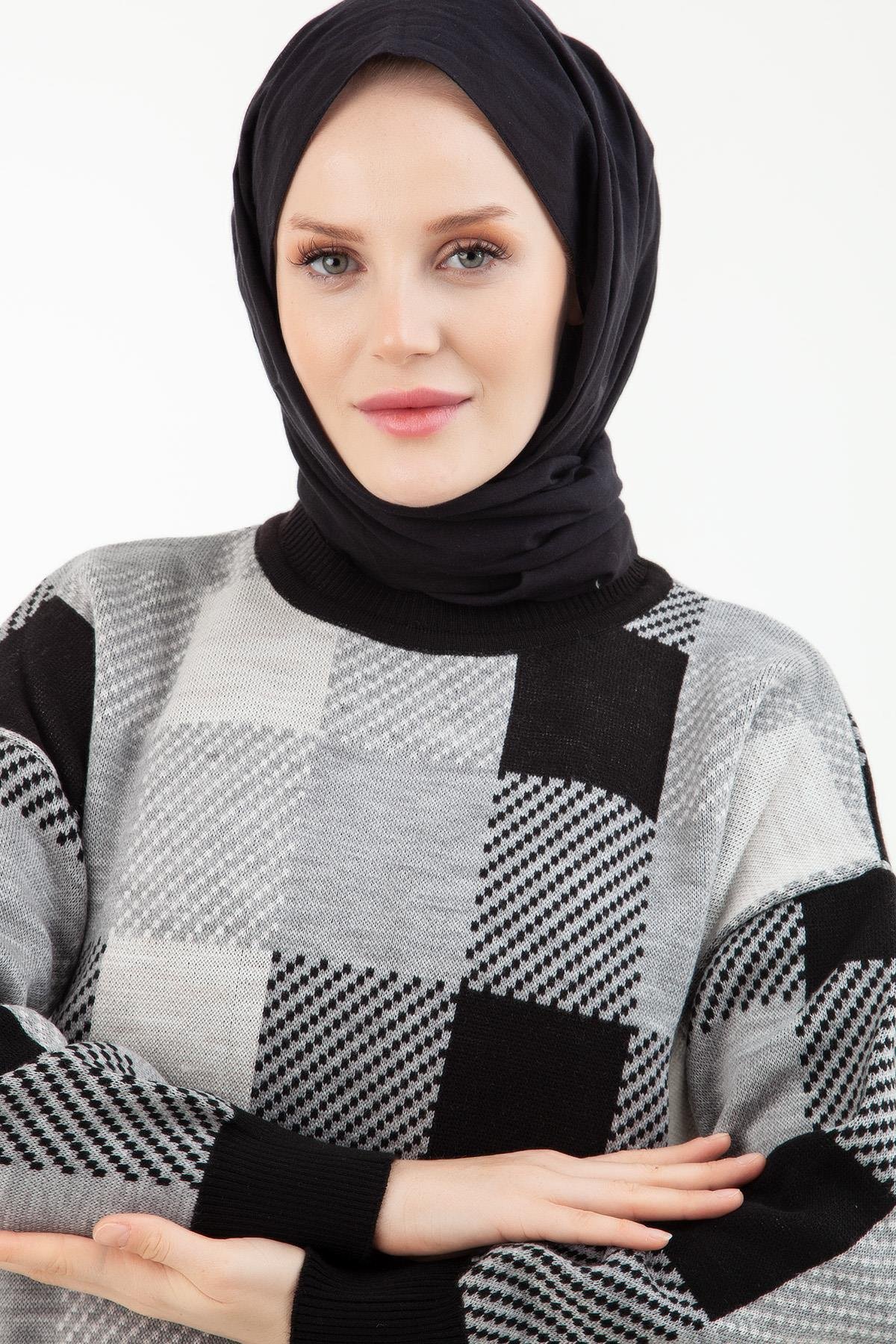 ARMİNE TREND Ekose Desenli Tunik ve Pantolonlu Triko Takım-Siyah 22KD4238