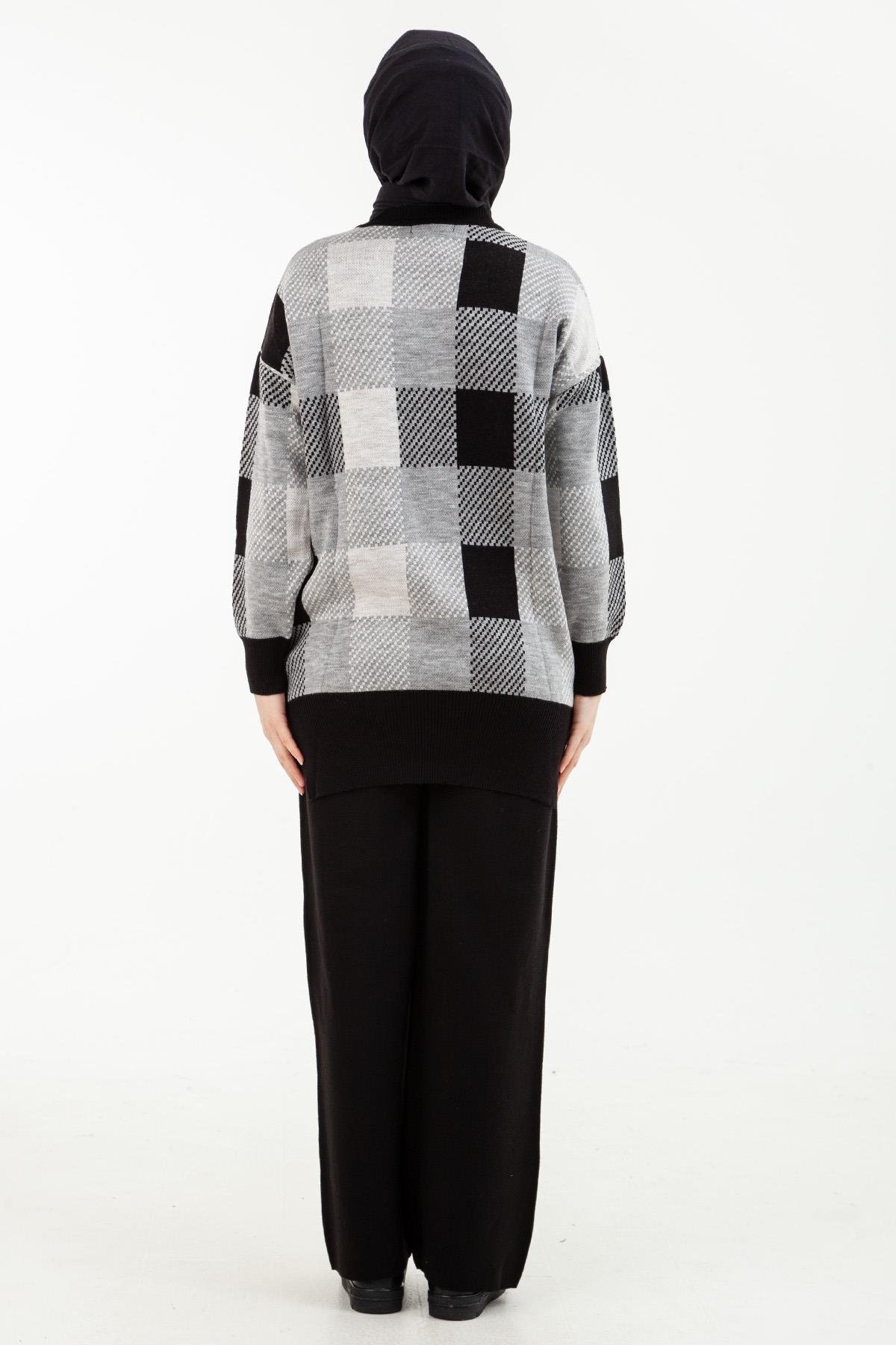 ARMİNE TREND Ekose Desenli Tunik ve Pantolonlu Triko Takım-Siyah 22KD4238