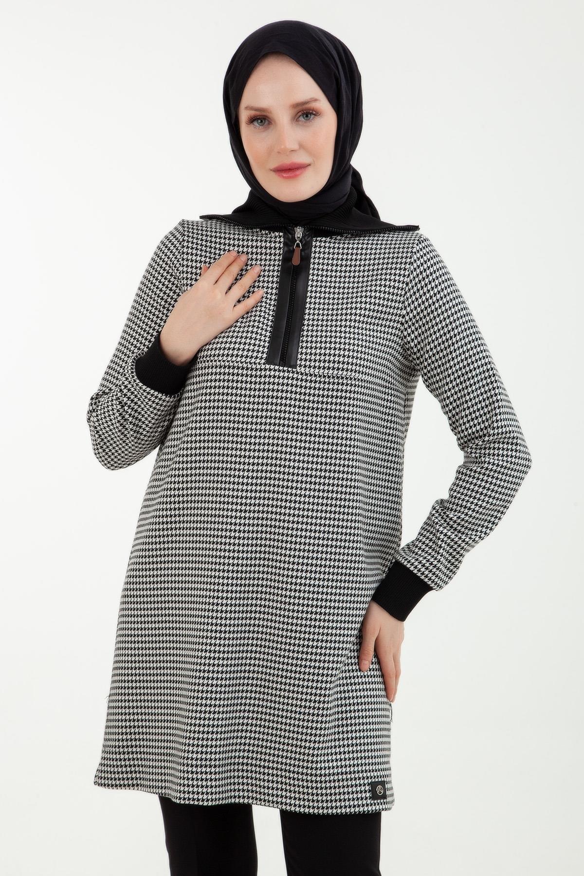 ARMİNE TREND Ekose Desenli Yakası Fermuarlı Ribanalı Kışlık Tunik Siyah 23KT405