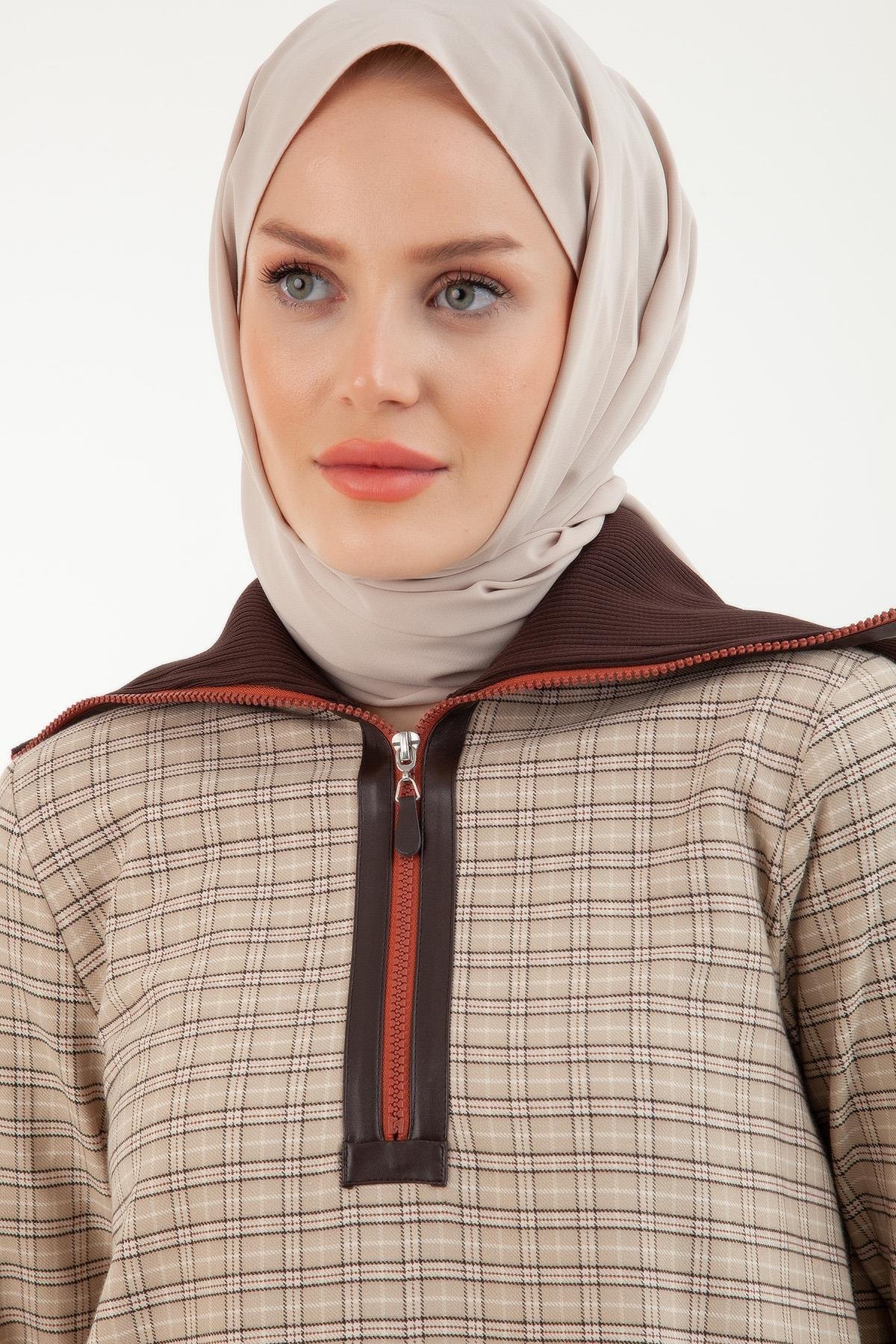 ARMİNE TREND Ekose Desenli Yakası Fermuarlı Ribanalı Kışlık Tunik Orjinal 23KT405