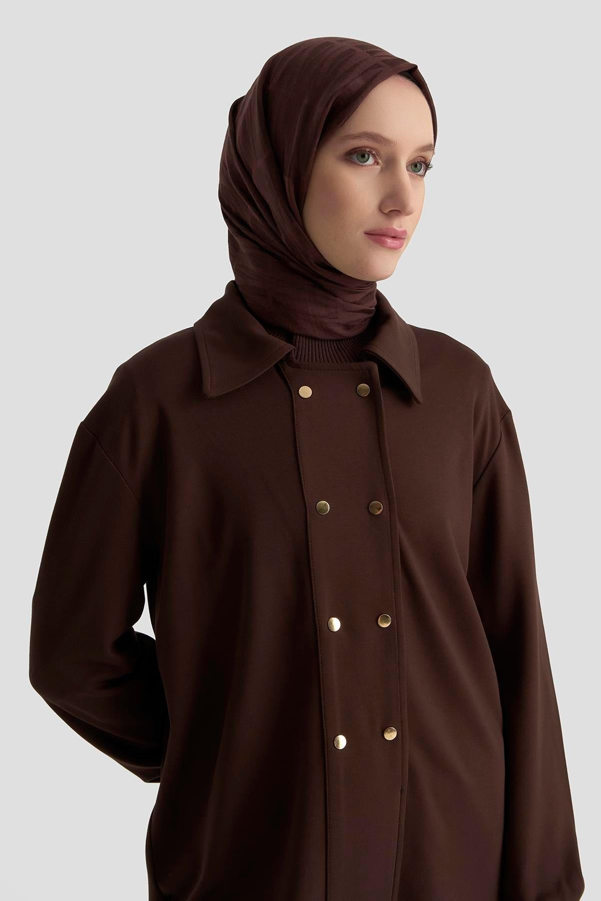 ARMİNE TREND Etek Ucu Lastikli Çıtçıtlı Gömlek Yaka Tunik Kahverengi 25KT422