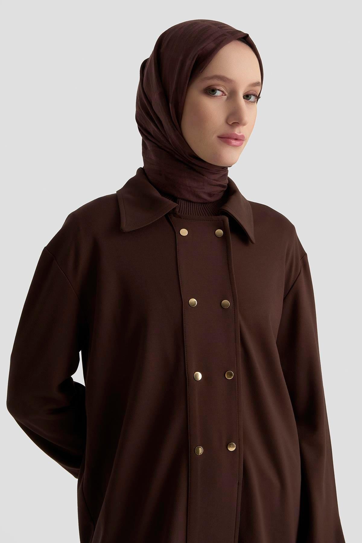ARMİNE TREND Etek Ucu Lastikli Çıtçıtlı Gömlek Yaka Tunik Kahverengi 25KT422