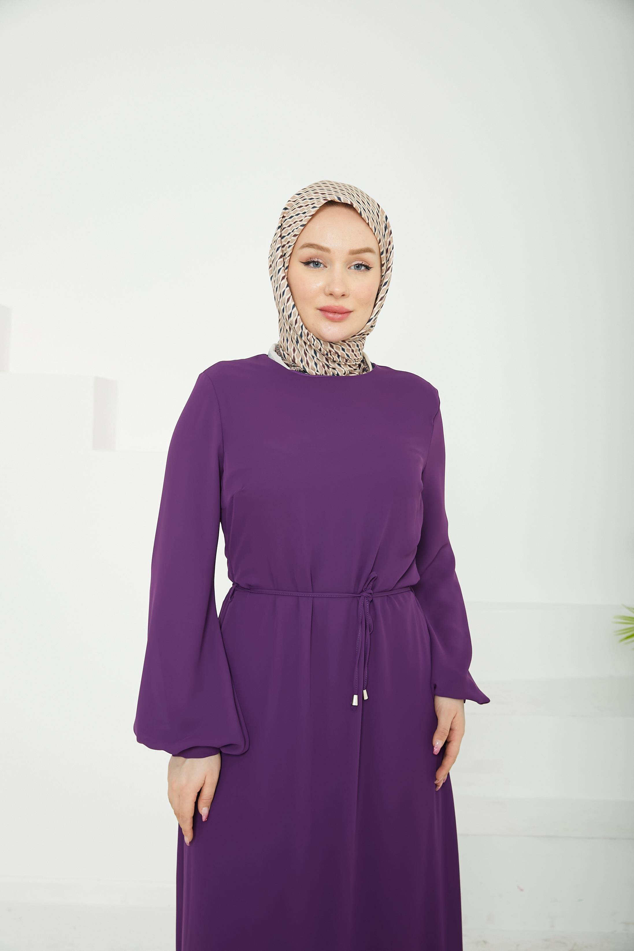 ARMİNE TREND Etek Ucu Tül Desenli Fermuarlı Elbise-Açık Mor-25YT924