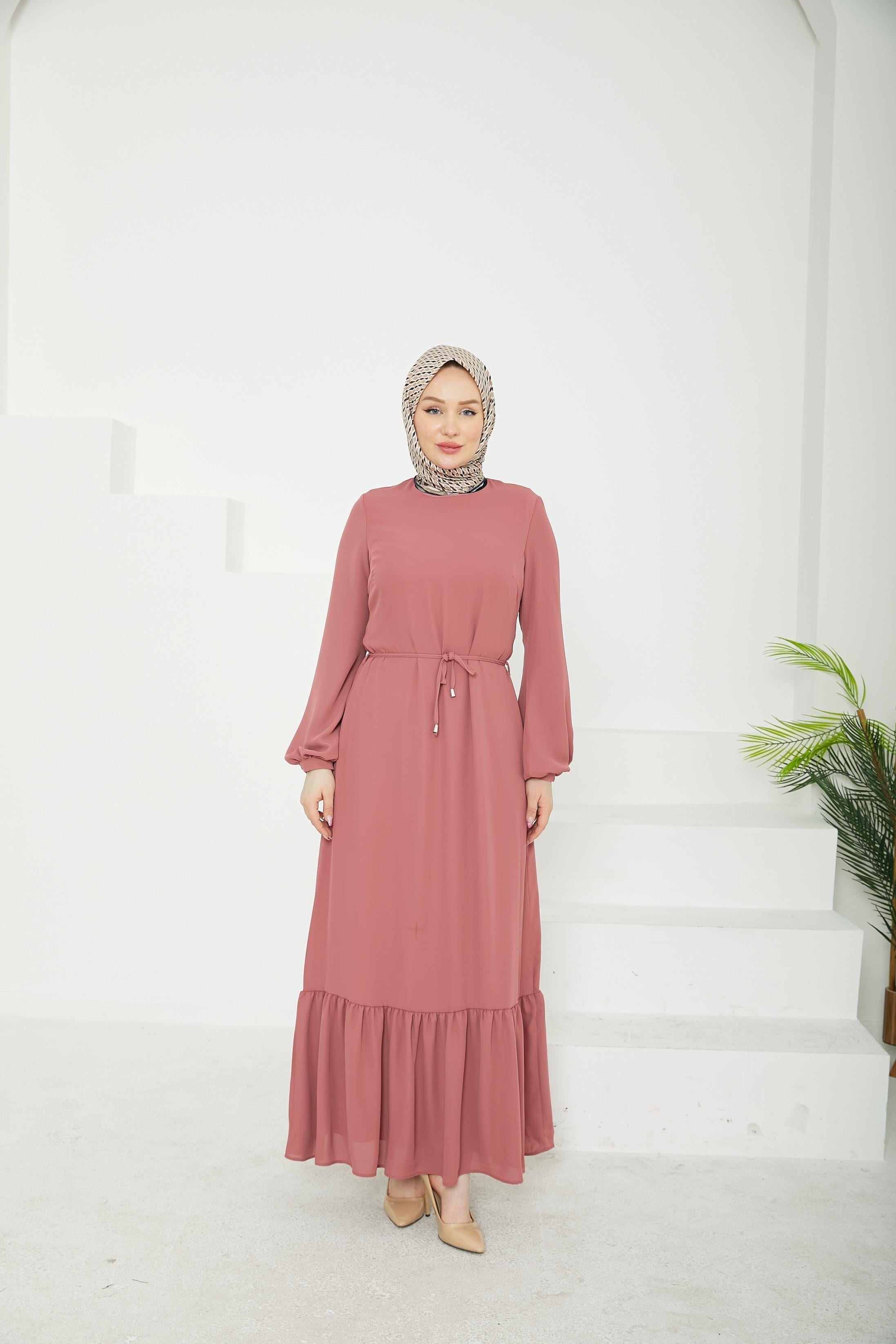 ARMİNE TREND Etek Ucu Tül Desenli Fermuarlı Elbise-Pink-25YT924