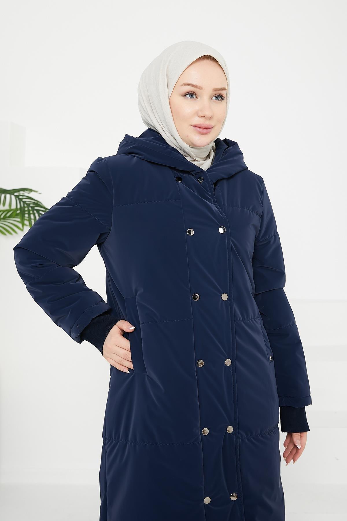 ARMİNE TREND Fermuar ve Çıtçıtlı Kapüşonlu Kapitone-Lacivert 24KT722