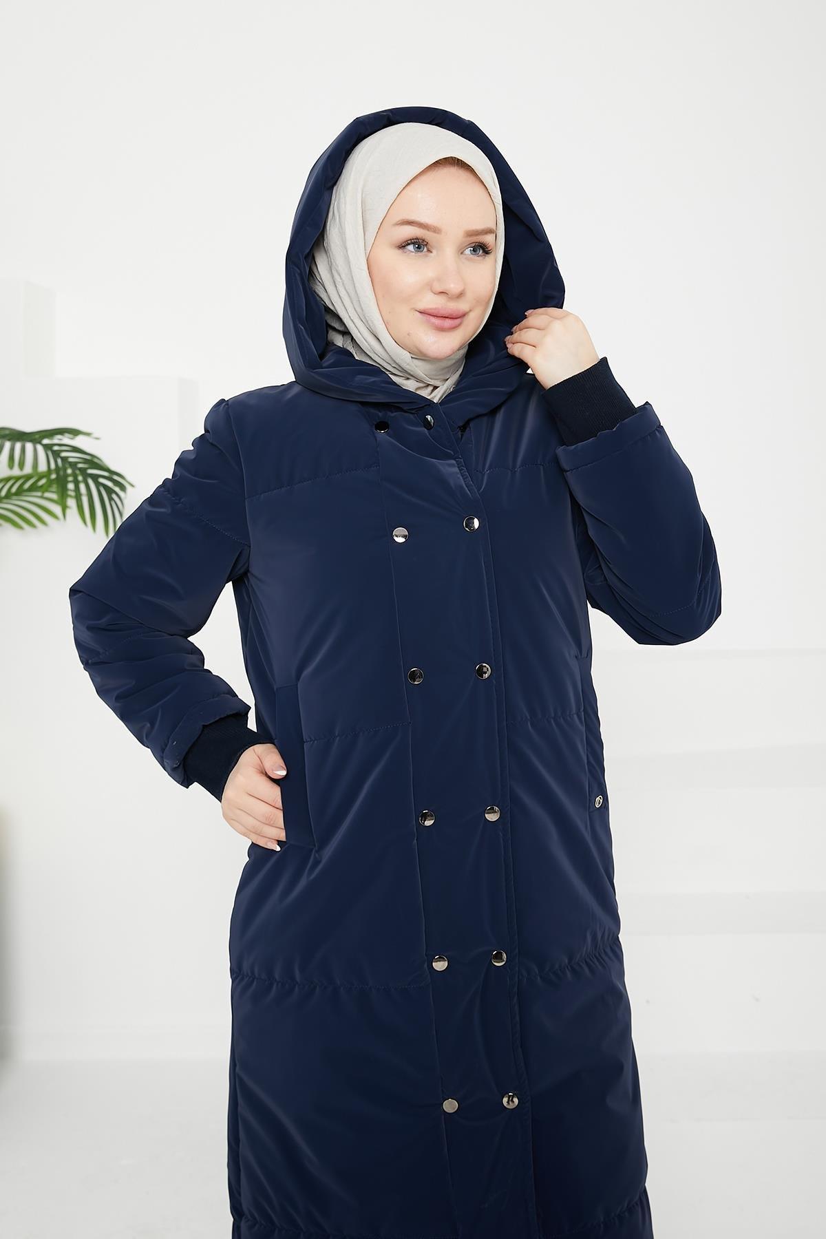 ARMİNE TREND Fermuar ve Çıtçıtlı Kapüşonlu Kapitone-Lacivert 24KT722