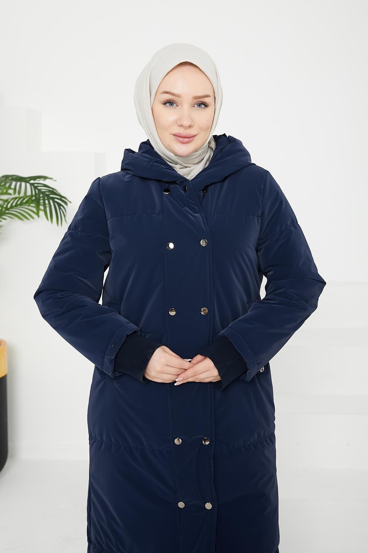 ARMİNE TREND Fermuar ve Çıtçıtlı Kapüşonlu Kapitone-Lacivert 24KT722