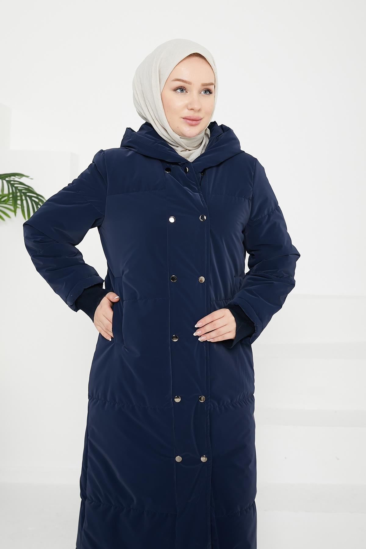 ARMİNE TREND Fermuar ve Çıtçıtlı Kapüşonlu Kapitone-Lacivert 24KT722