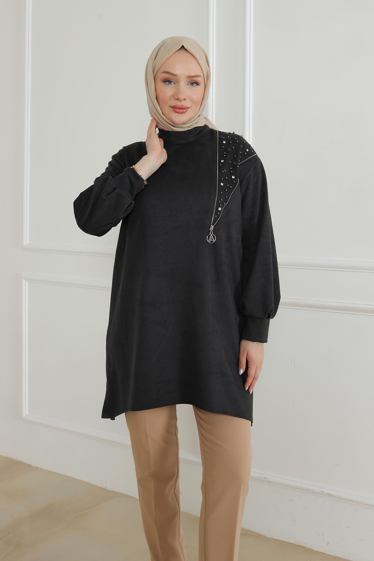 ARMİNE TREND Fermuar ve Taş Detaylı Kolları Ribanalı Tunik-Siyah 24KT427