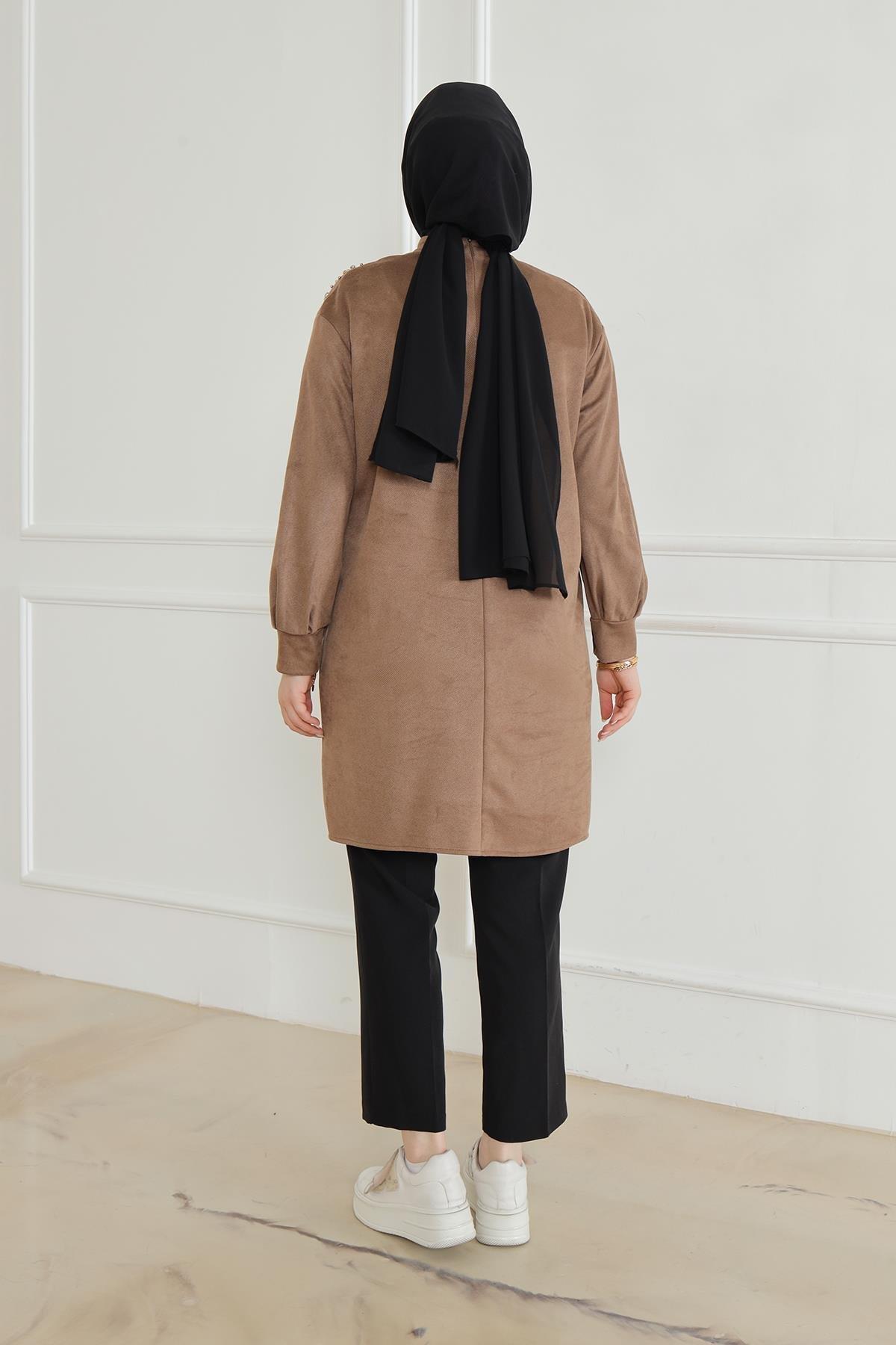ARMİNE TREND Fermuar ve Taş Detaylı Kolları Ribanalı Tunik-Vizon 24KT427