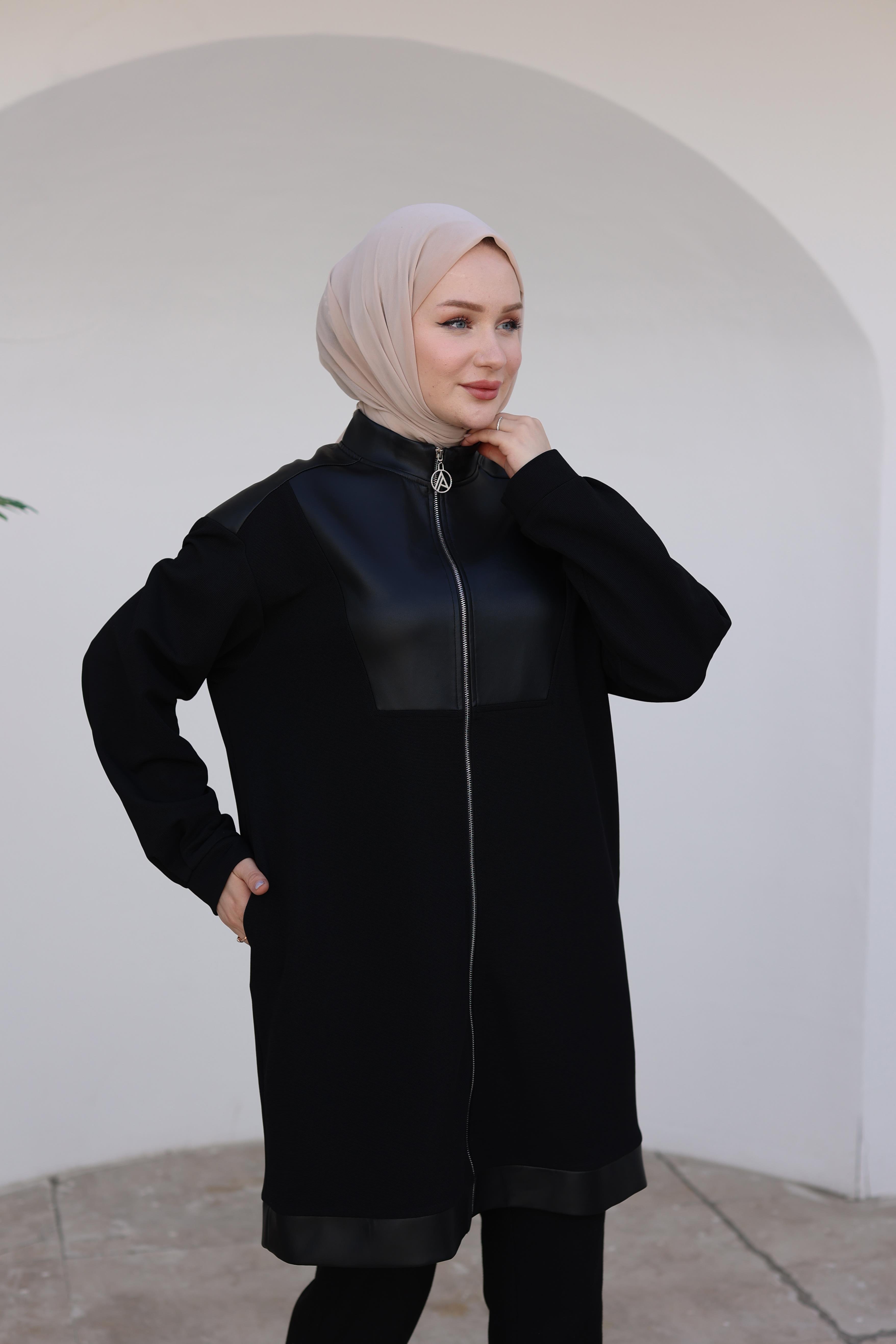 ARMİNE TREND Fermuarlı Deri Detaylı Tunik-Siyah 24KT452