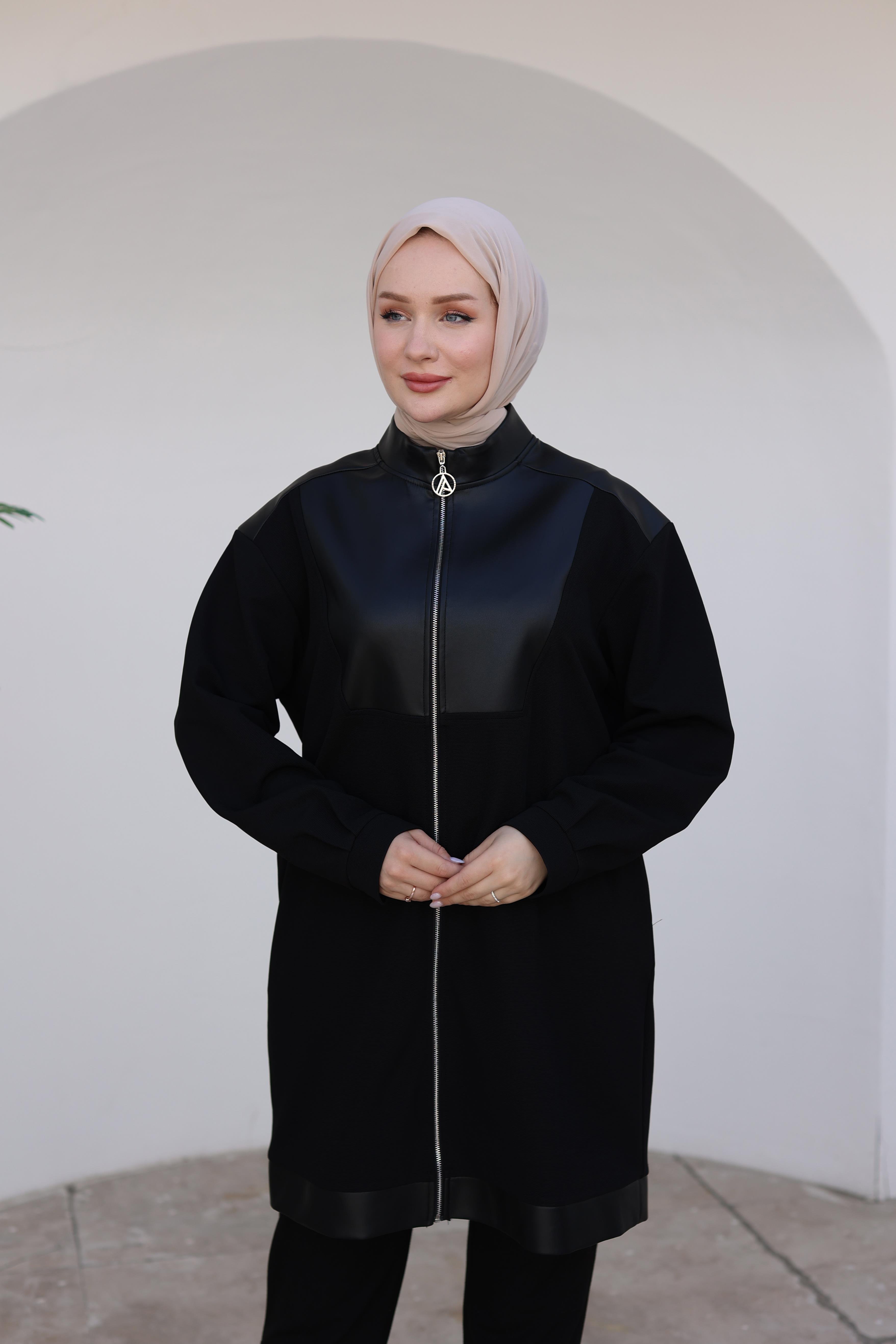ARMİNE TREND Fermuarlı Deri Detaylı Tunik-Siyah 24KT452