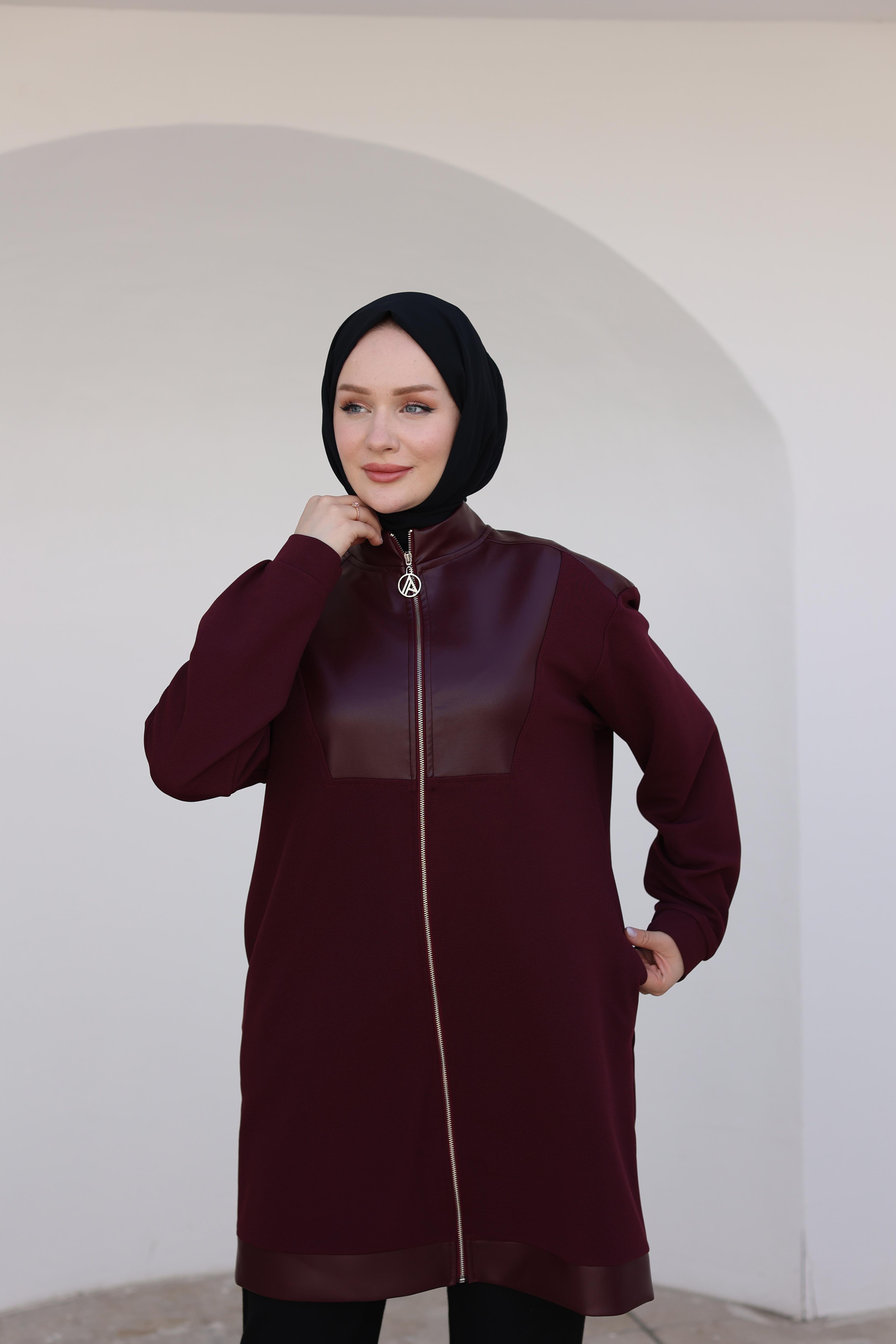 ARMİNE TREND Fermuarlı Deri Detaylı Tunik-Bordo 24KT452